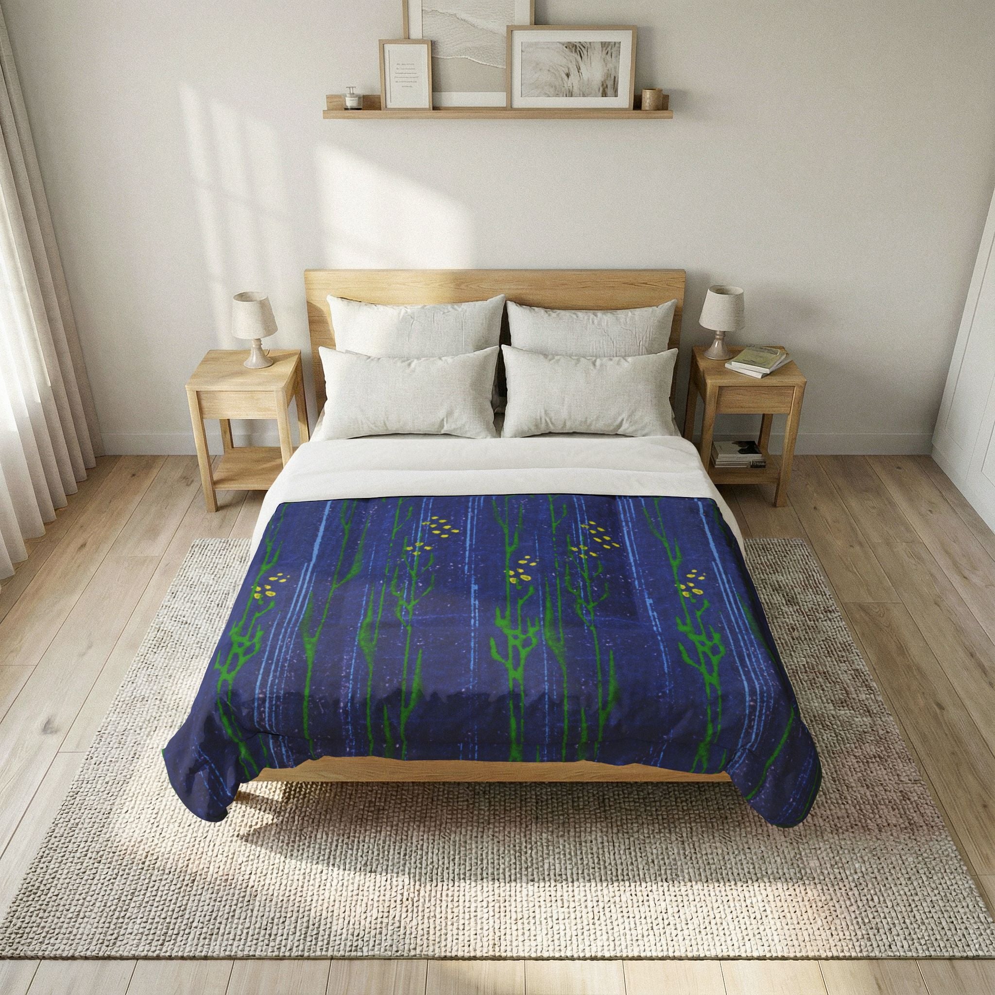 Blue Floral Cotton Comforter — Hand-Painted Meadow Stripe Bedding