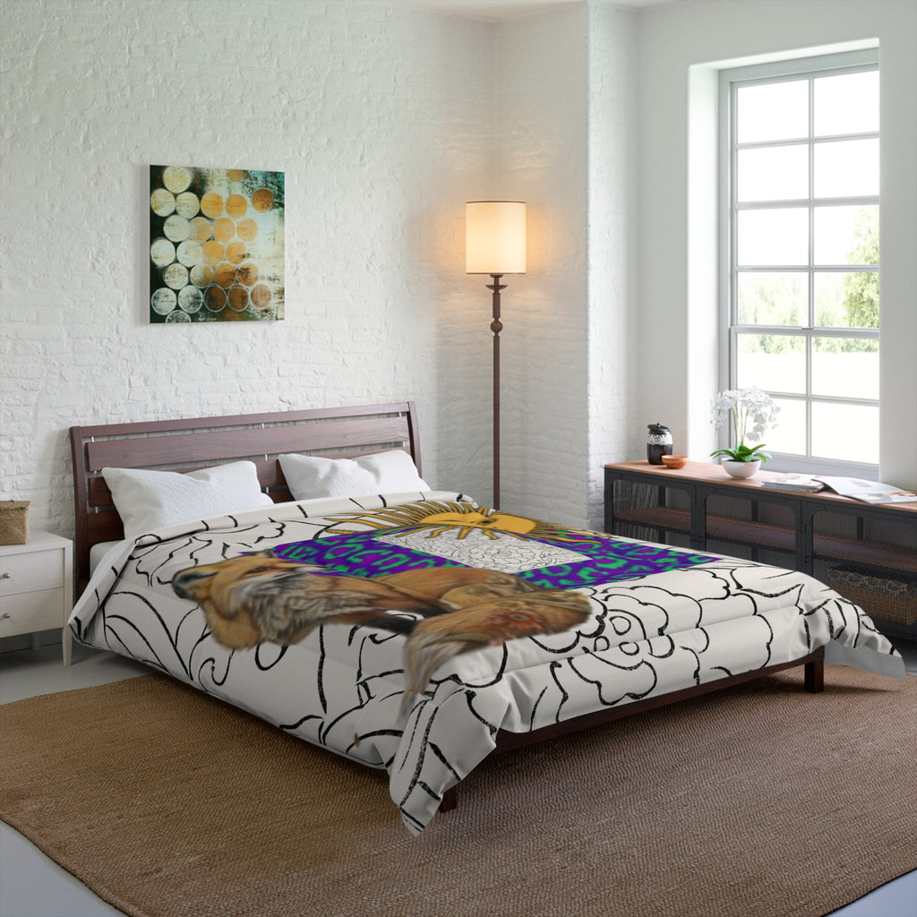 Red Fox Sun with Face Vibrant Purple & Teal Leopard Comforter -  Bedding