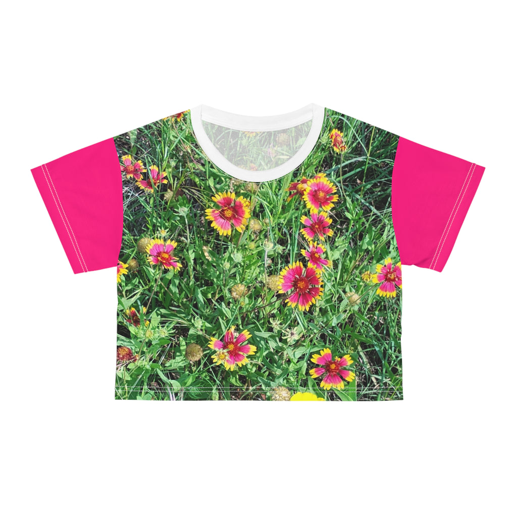 Women's Floral Field Crop T-shirt Pink Gaillardia Flower or Mexican Hat
