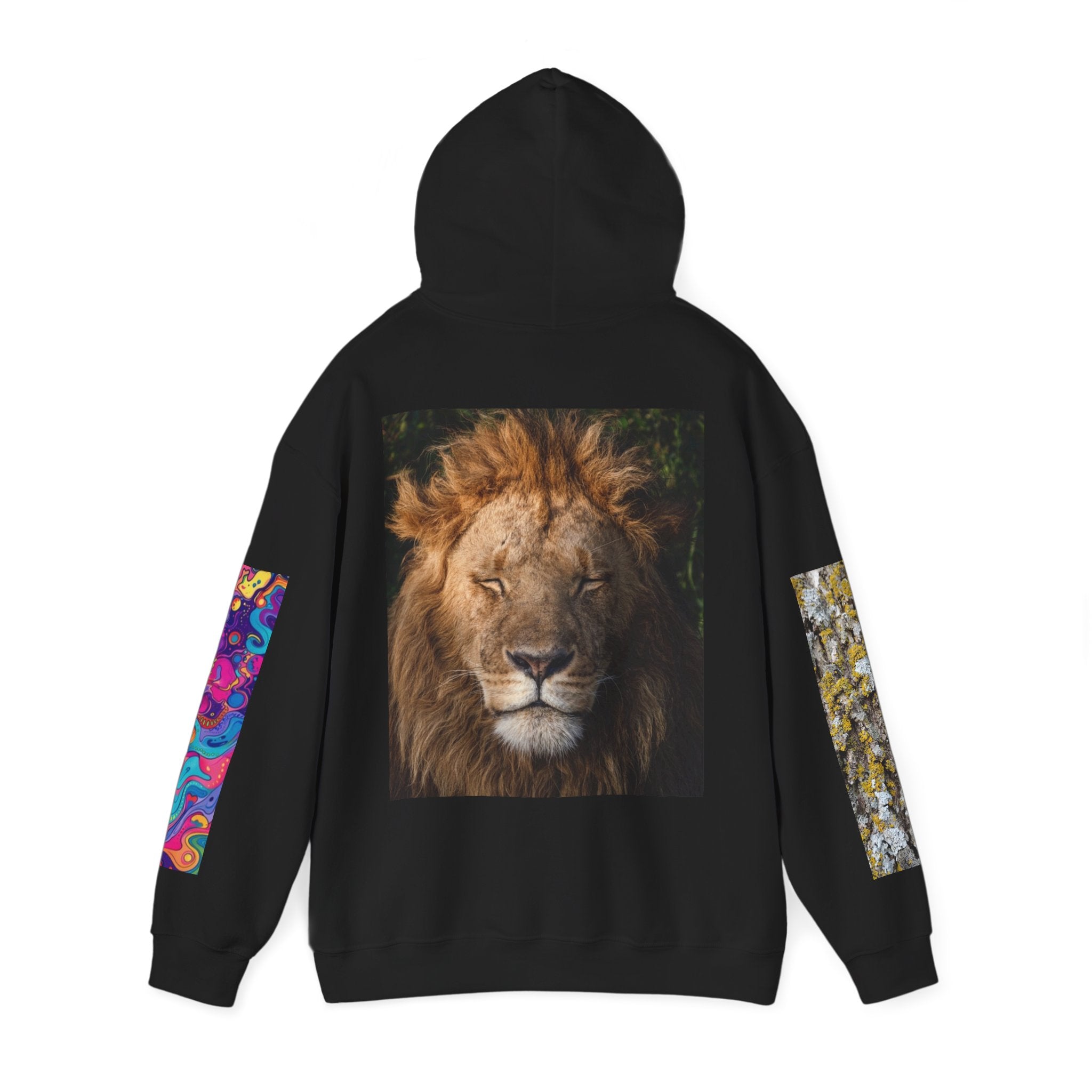 Lion Portrait Hoodie with Colorful Sleeve Accent — Majestic Wildlife Pullover