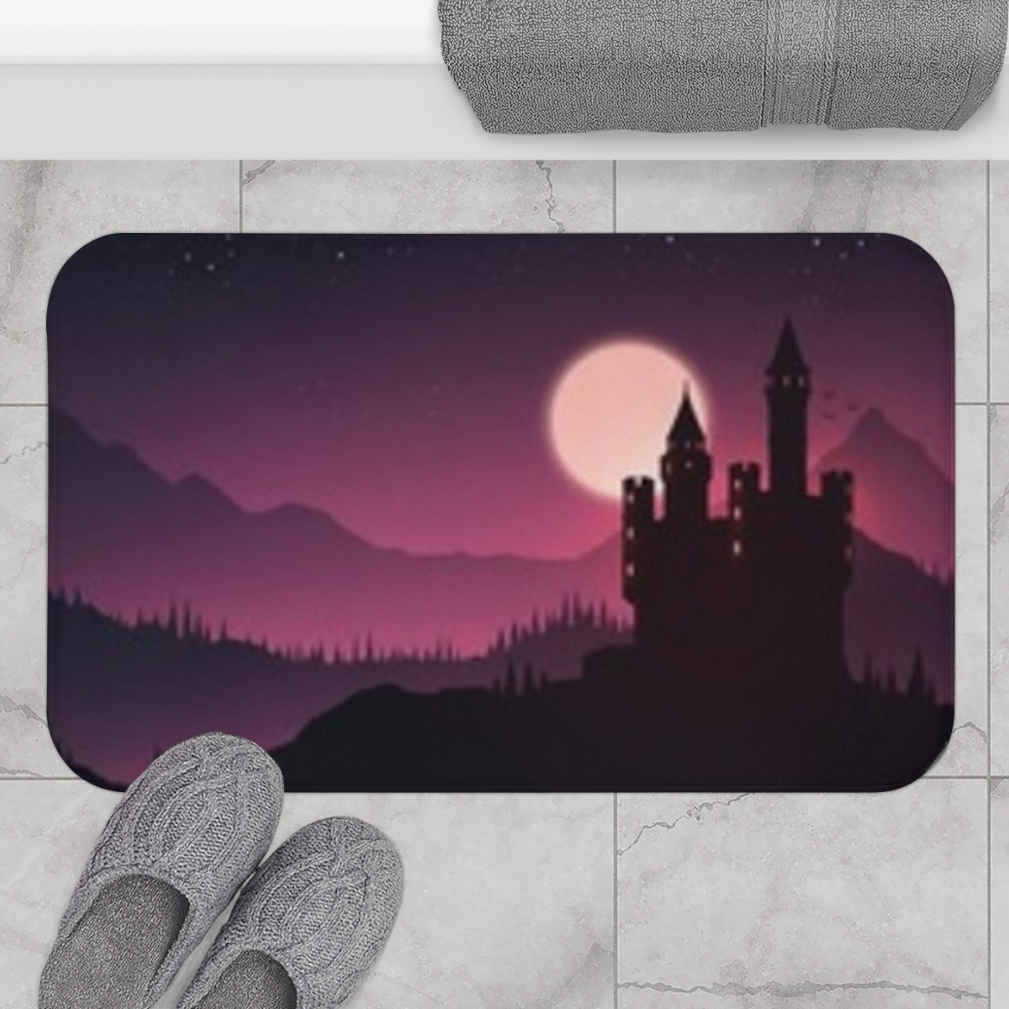 Moonlit Castle Bath Mat — Purple Gothic Nightscape Bathroom Rug