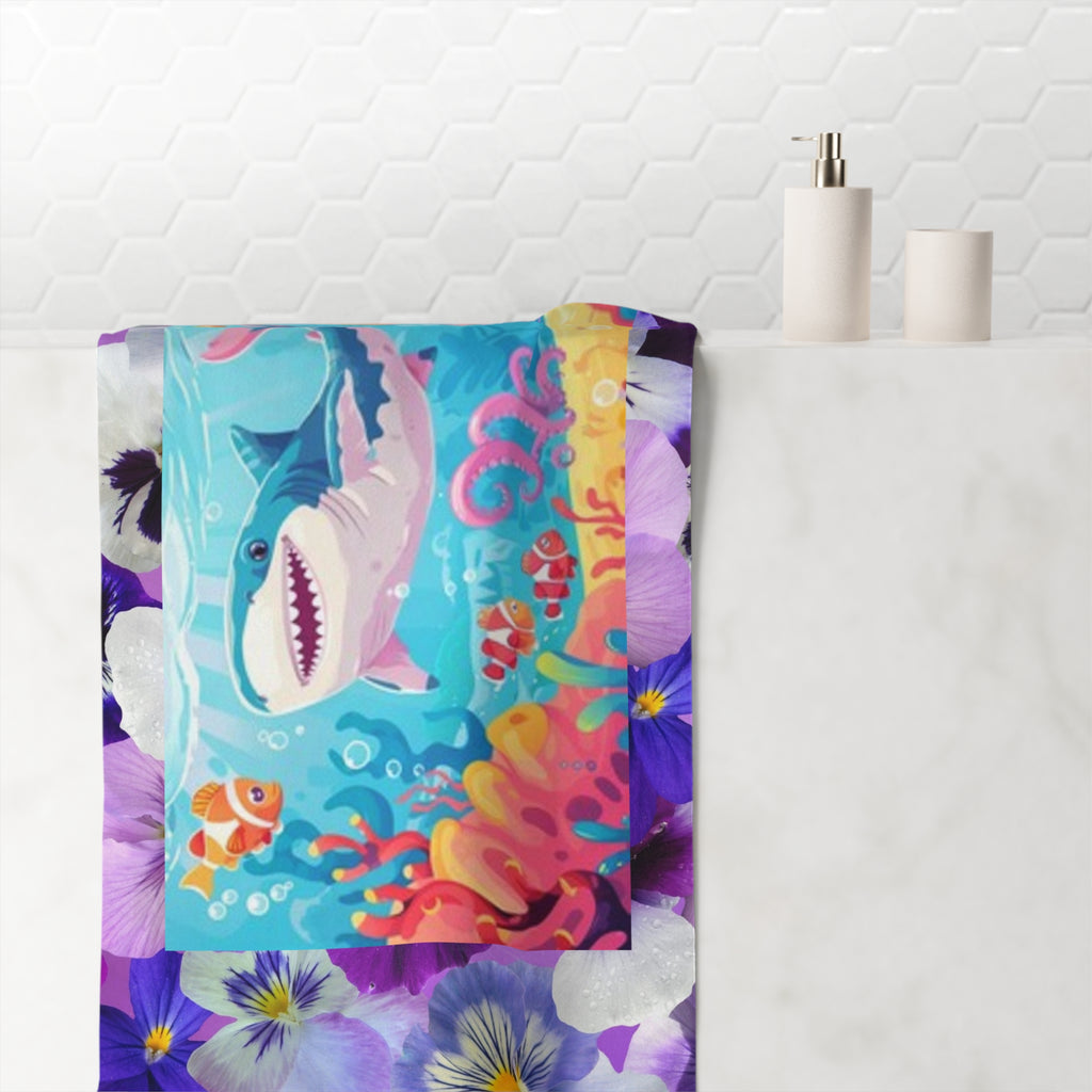 Shark & Coral Beach Towel — Colorful Ocean Cartoon Design