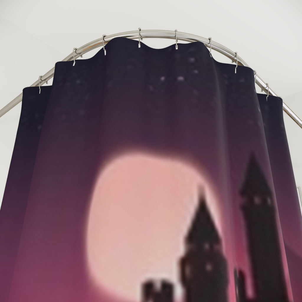 Gothic Castle Moon Shower Curtain — Moody Dark Fantasy Bathroom Decor