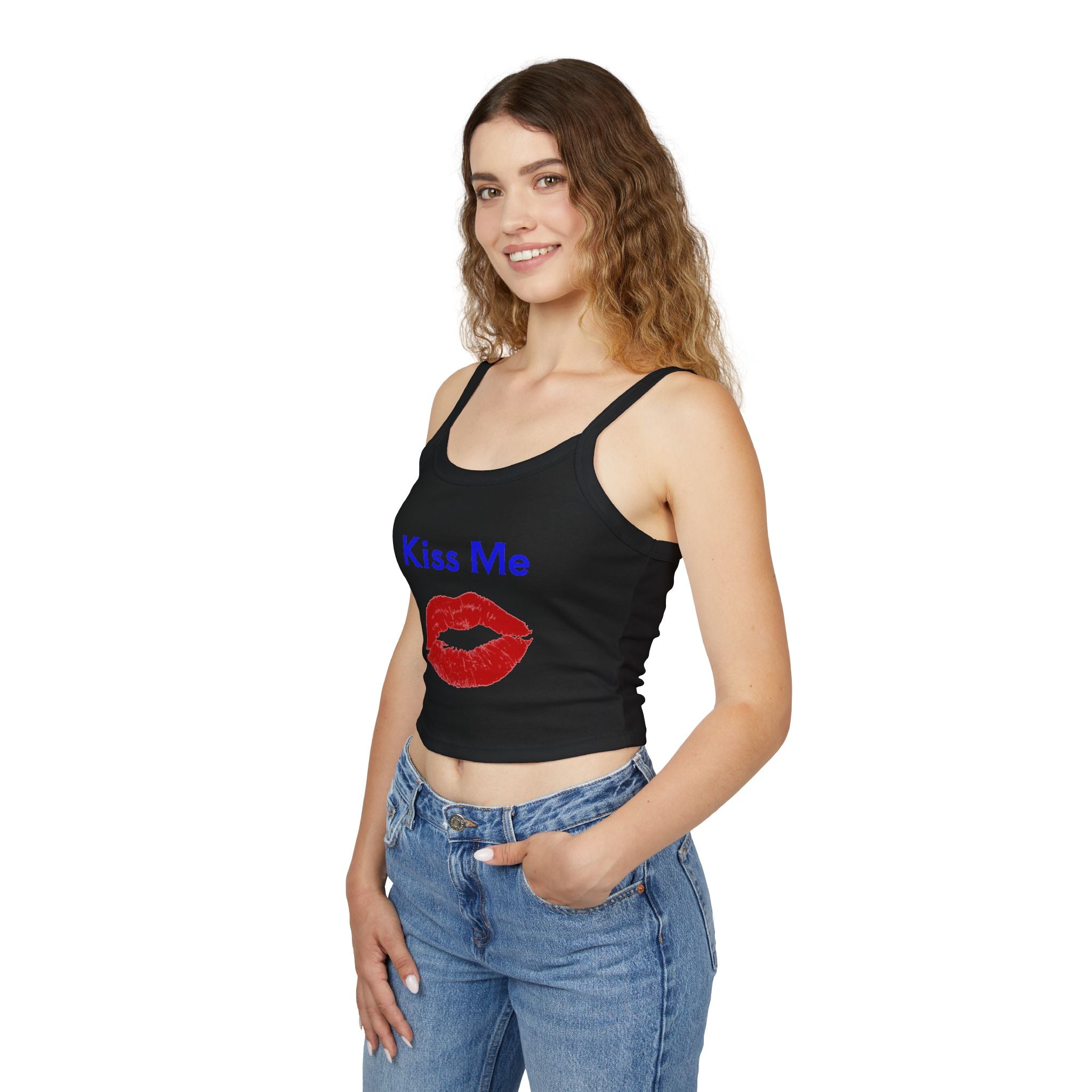 Kiss Me Lip Print Tank Top — Women's Spaghetti Strap Crop