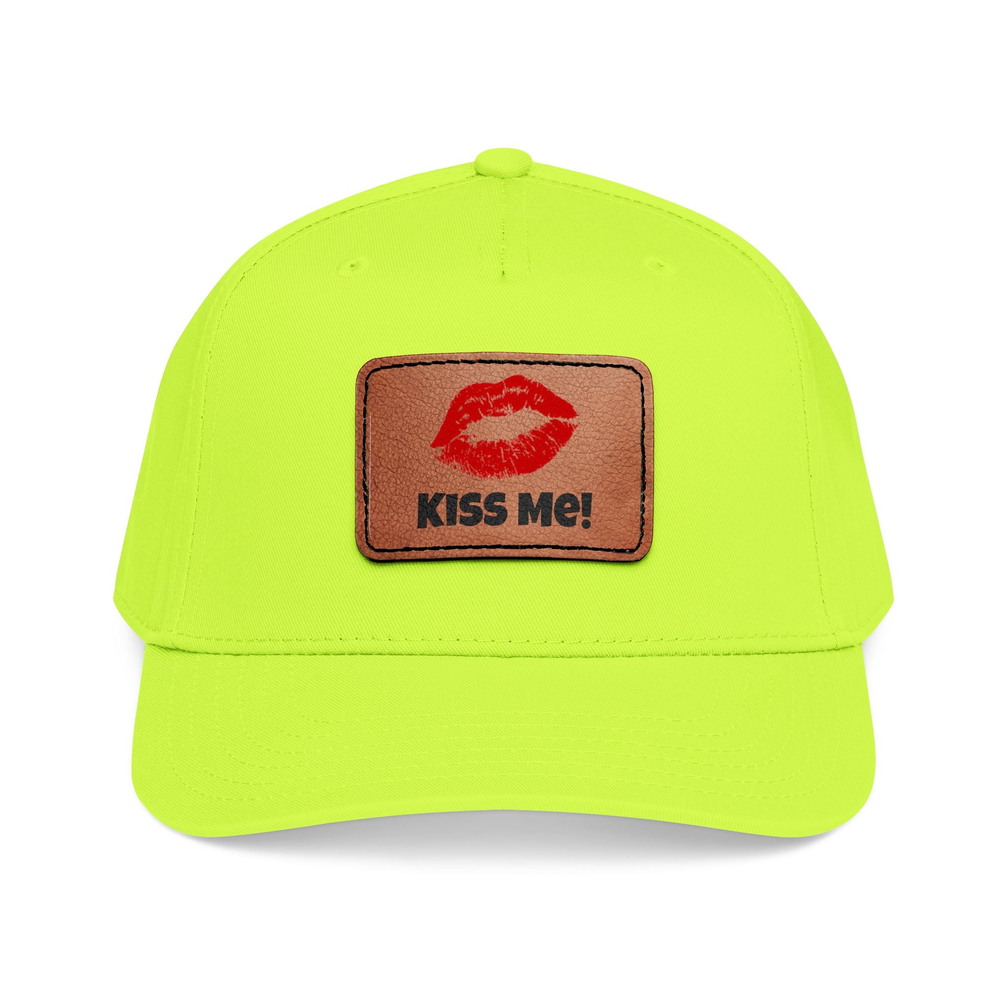 Kiss Me Red Lips Leather Patch Baseball Cap — Mid Profile Hat with Lip Print