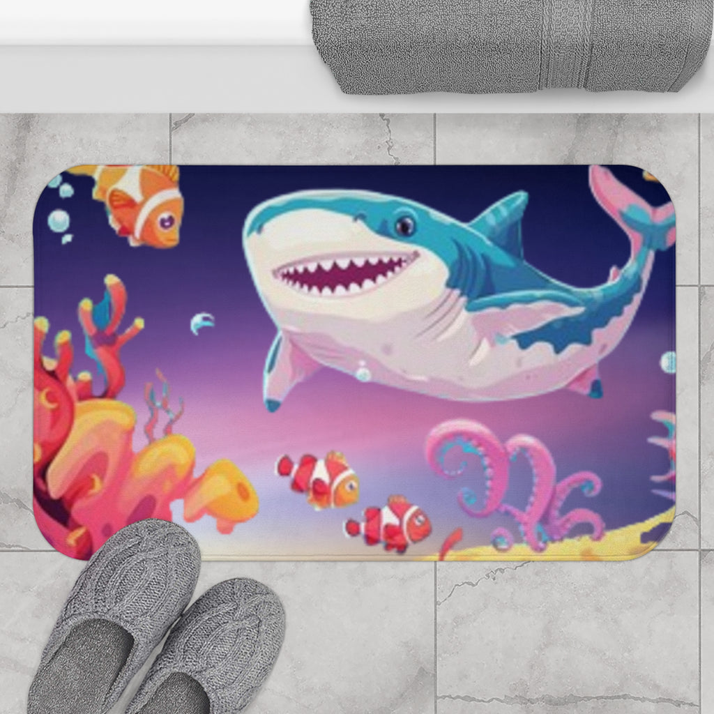 Cute Shark Bath Mat — Colorful Underwater Coral & Clownfish Kids Bath Rug