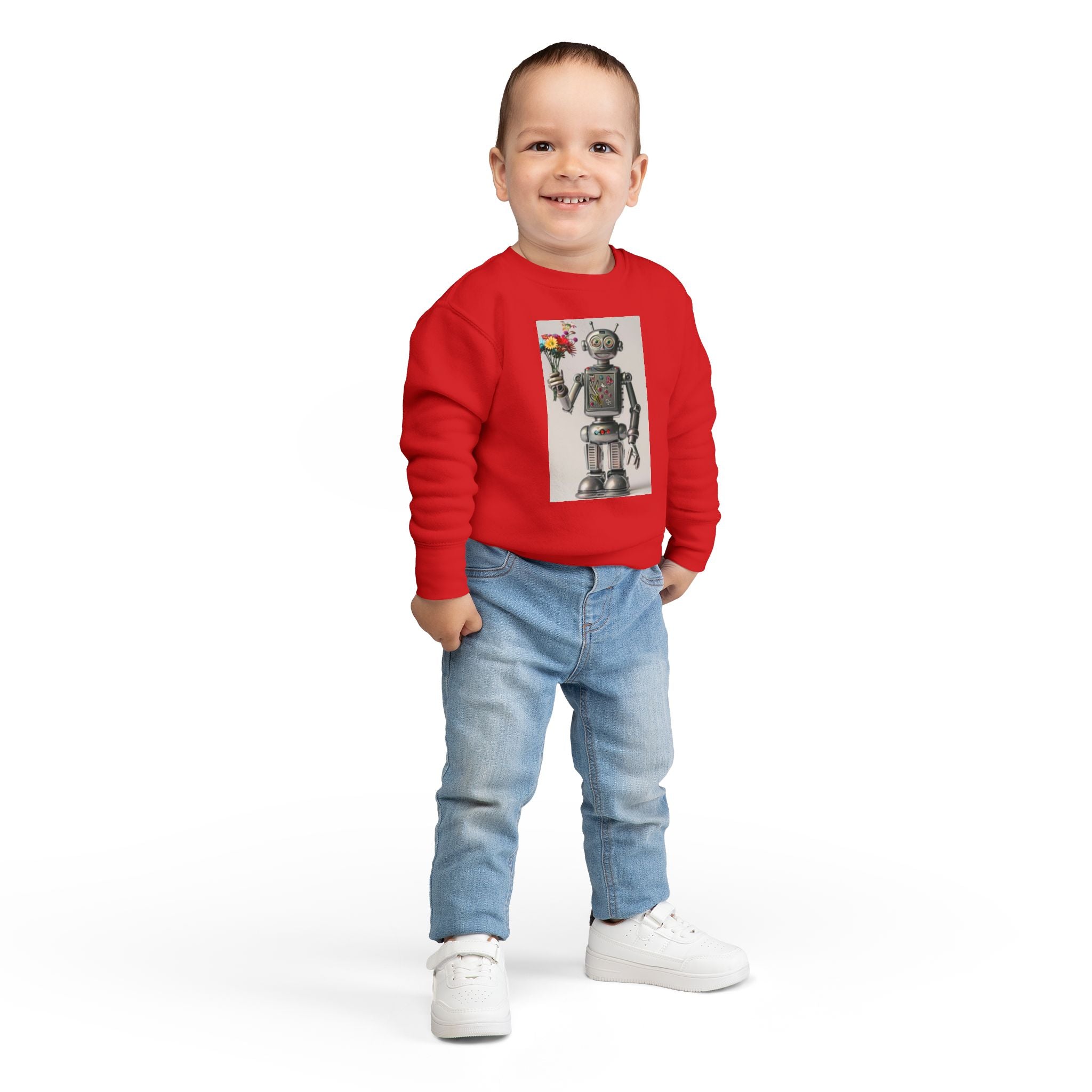 Retro Robot Toddler Sweatshirt — Cute Robot Holding Flowers Graphic