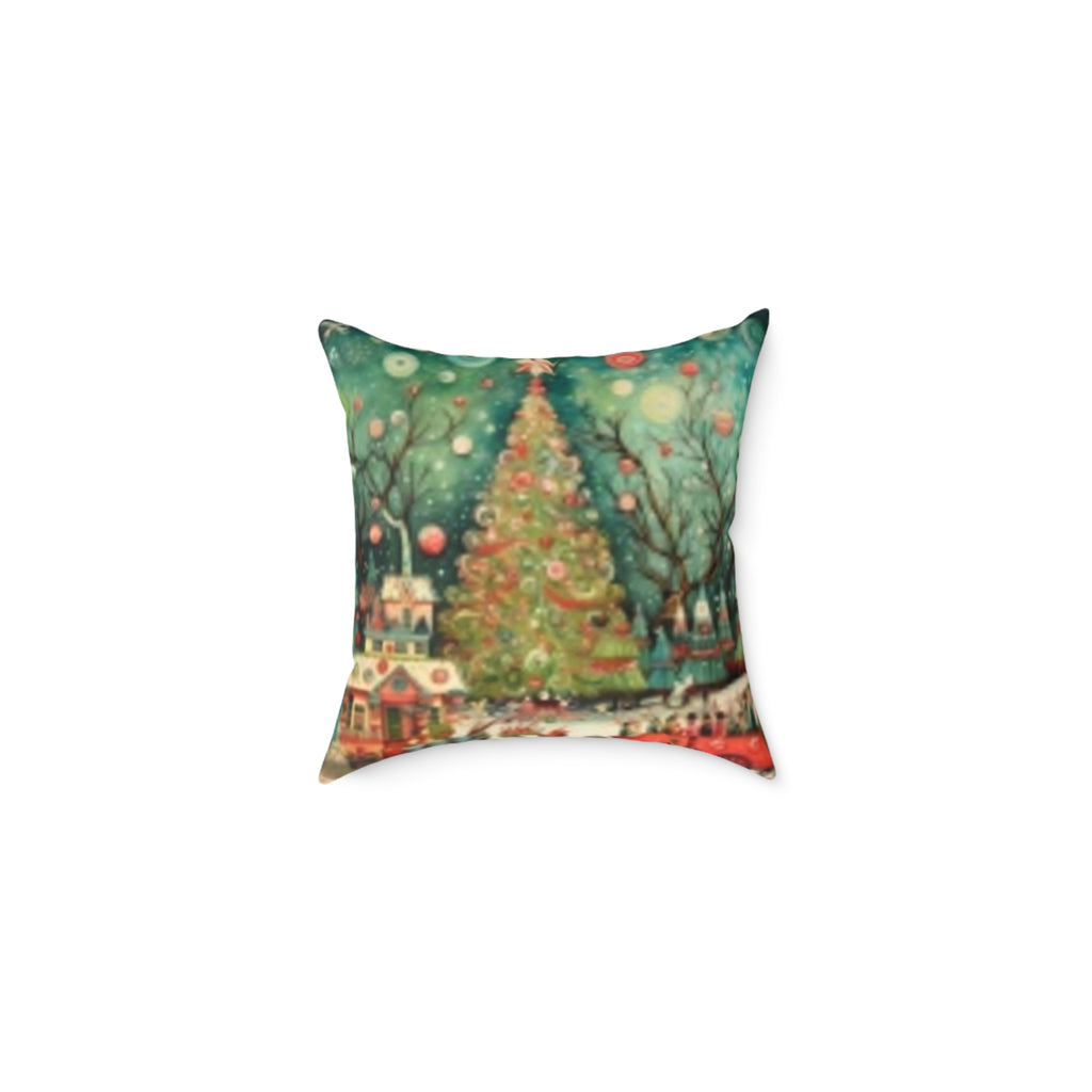 Christmas Tree Village Square Pillow — Festive Holiday Throw with Colorful Stars