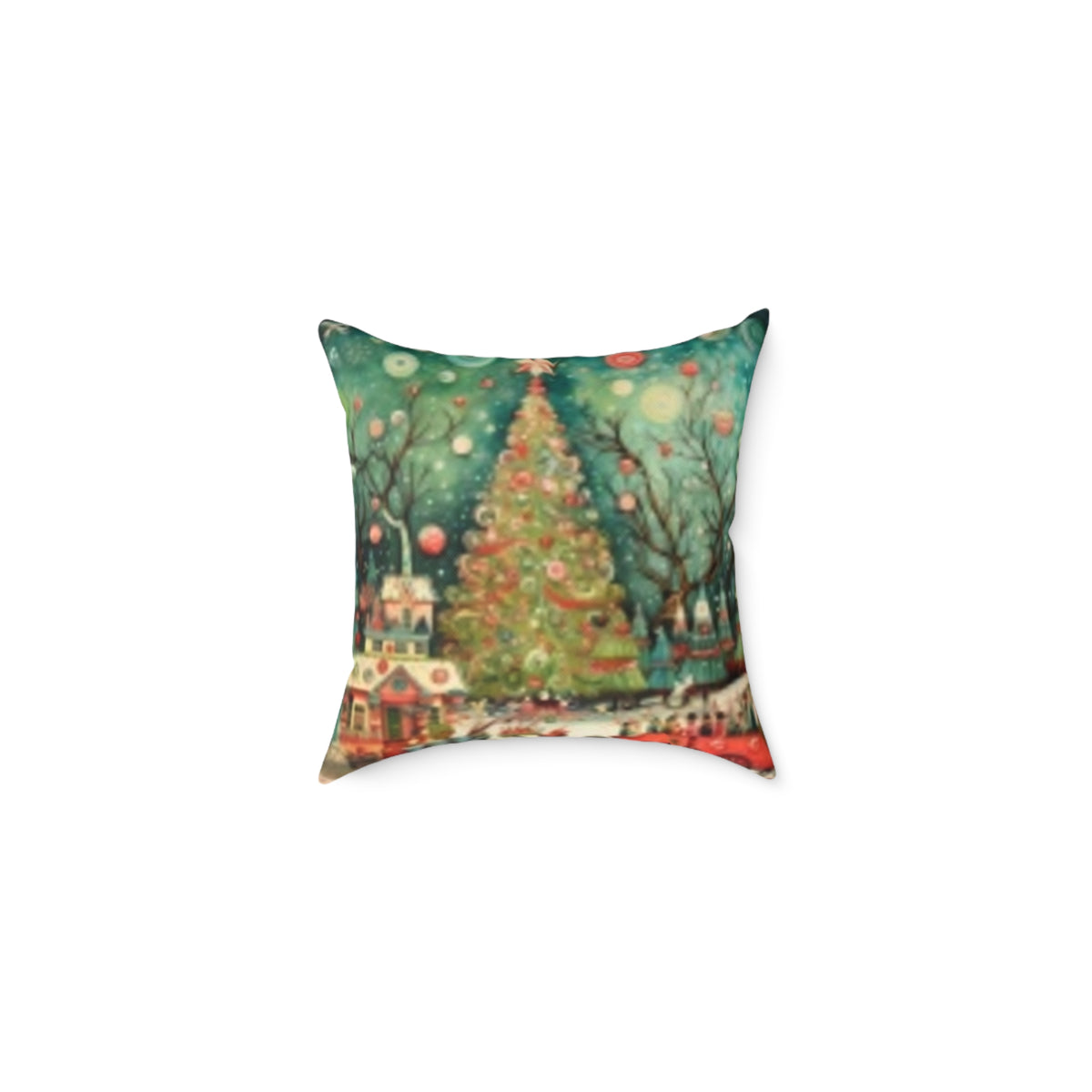 Christmas Tree Village Square Pillow — Festive Holiday Throw with Colorful Stars