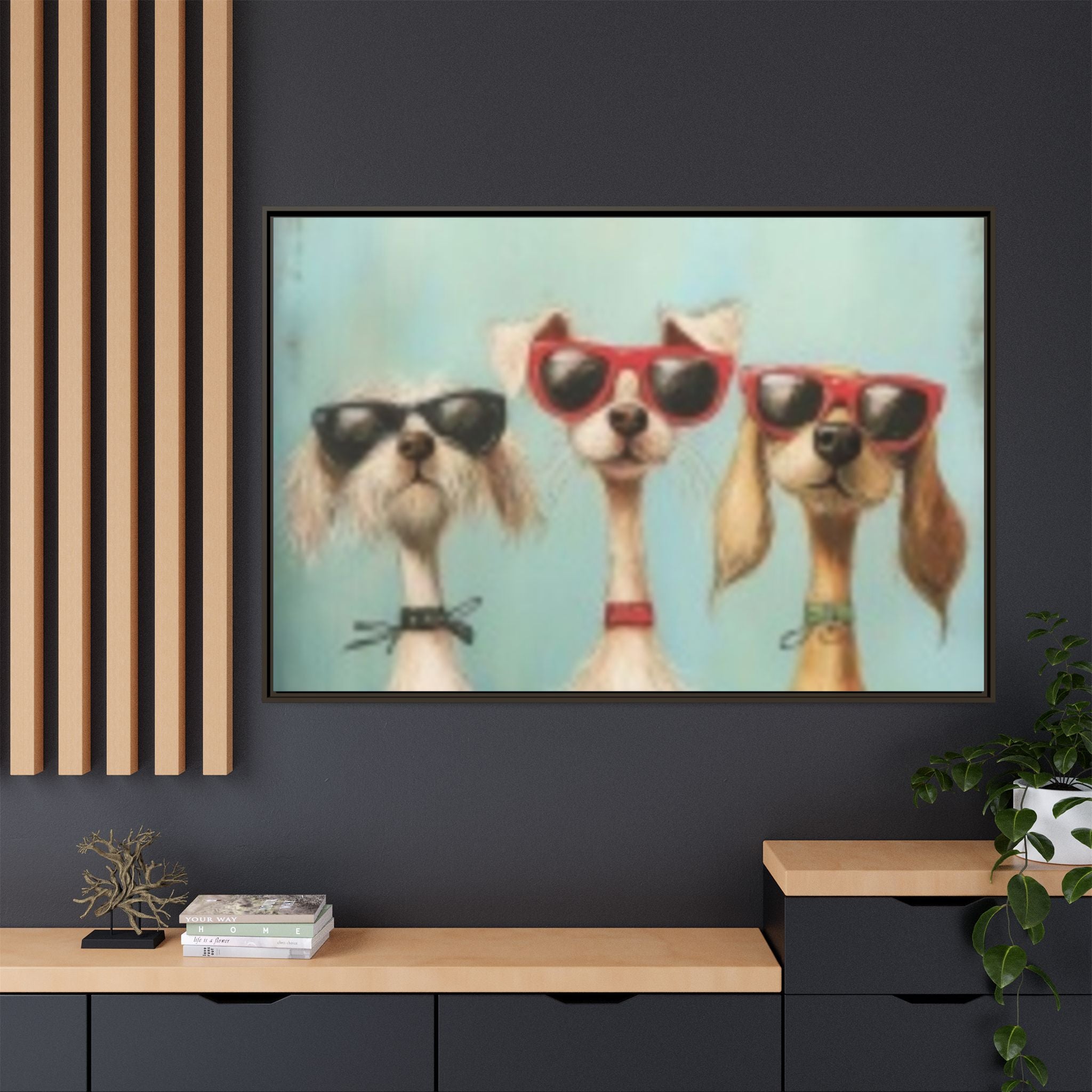 Framed Matte Canvas — Three Cool Dogs in Sunglasses Wall Art