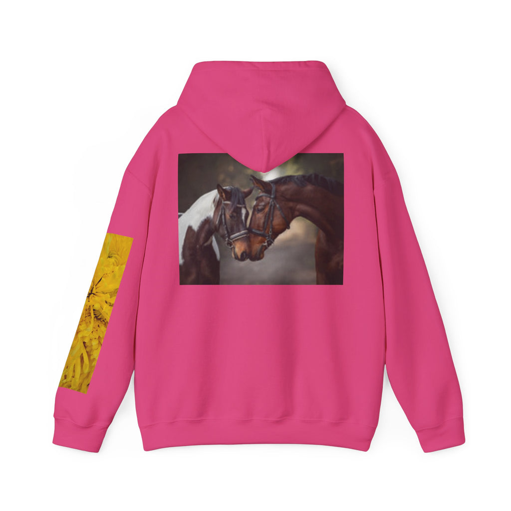 Sunrise Meadow & Horse Graphic Hoodie — Scenic Sunset Landscape and Saddled Horse Print