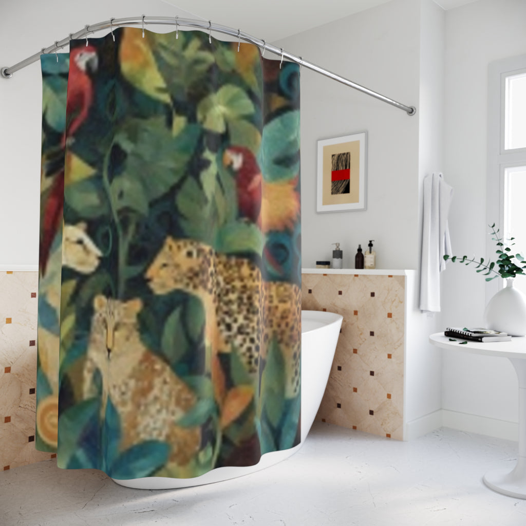 Jungle Cats Shower Curtain – Tropical Leopard & Parrot Botanical Bath Decor