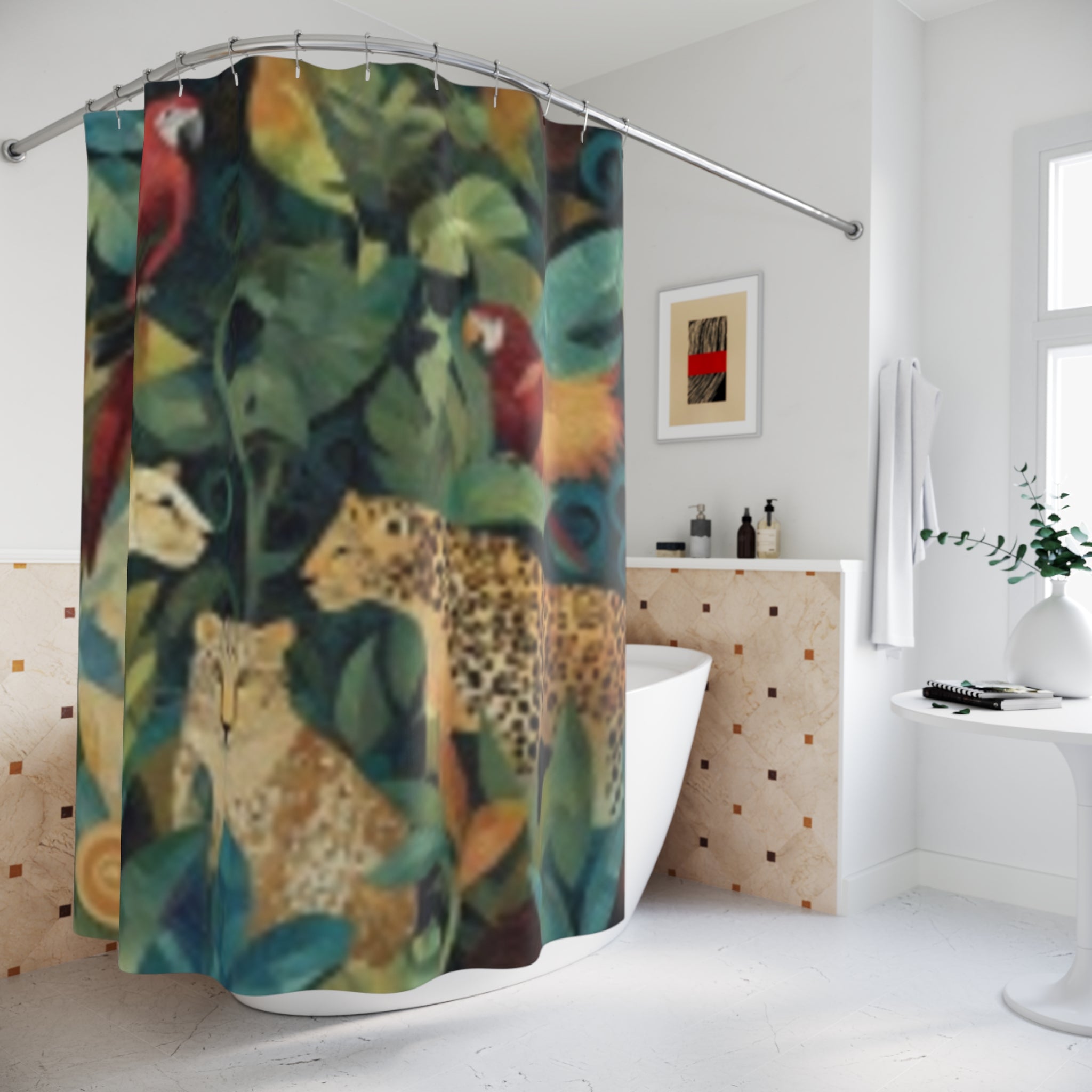 Jungle Cats Shower Curtain – Tropical Leopard & Parrot Botanical Bath Decor