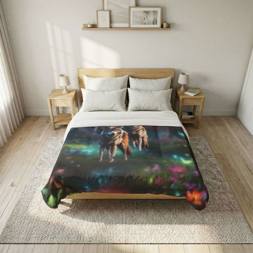 Wolves in Enchanted Forest Cotton Comforter — Mystical Wildlife Bedding