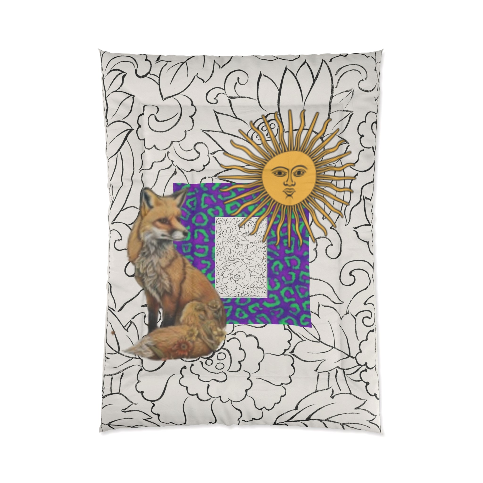 Red Fox Sun with Face Vibrant Purple & Teal Leopard Comforter -  Bedding