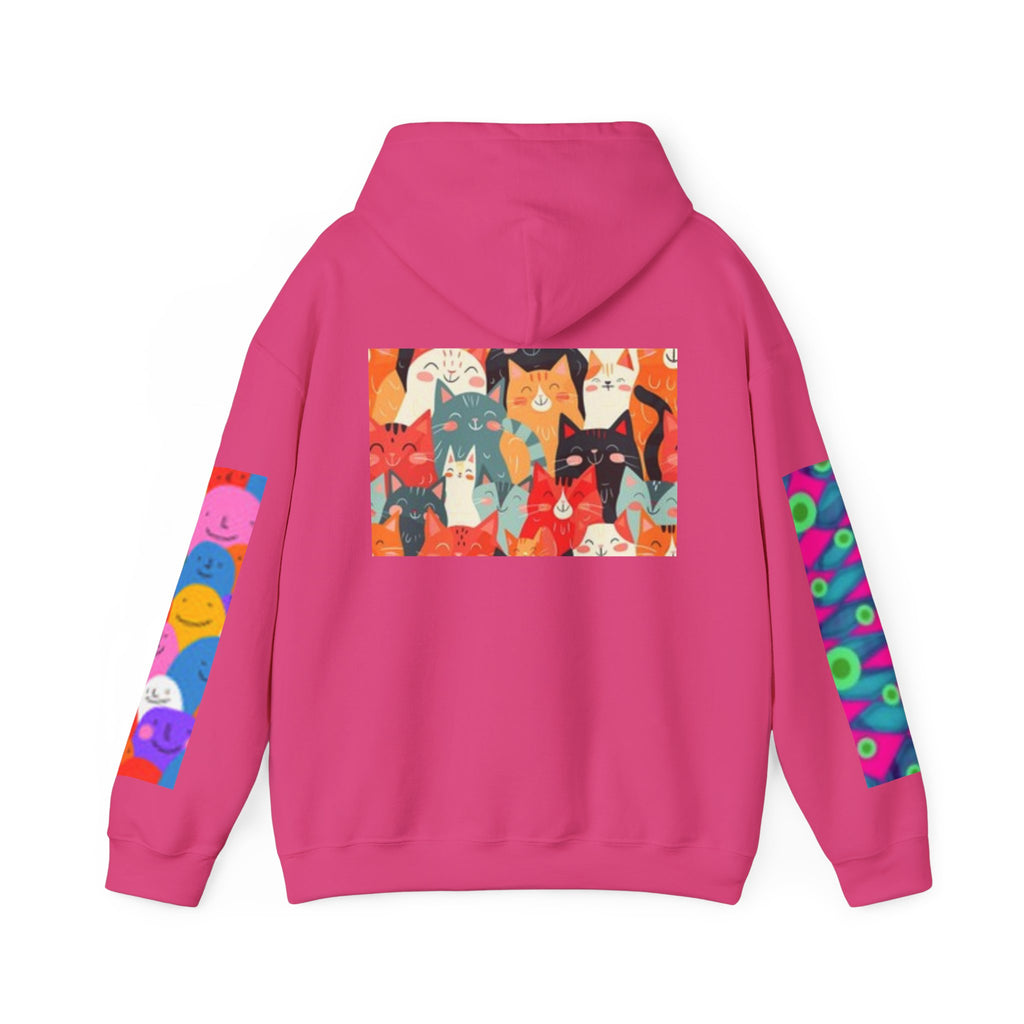 Cat Graphic Hoodie - Retro Sunglasses Cat Front & Colorful Cat Pattern Back Sweatshirt