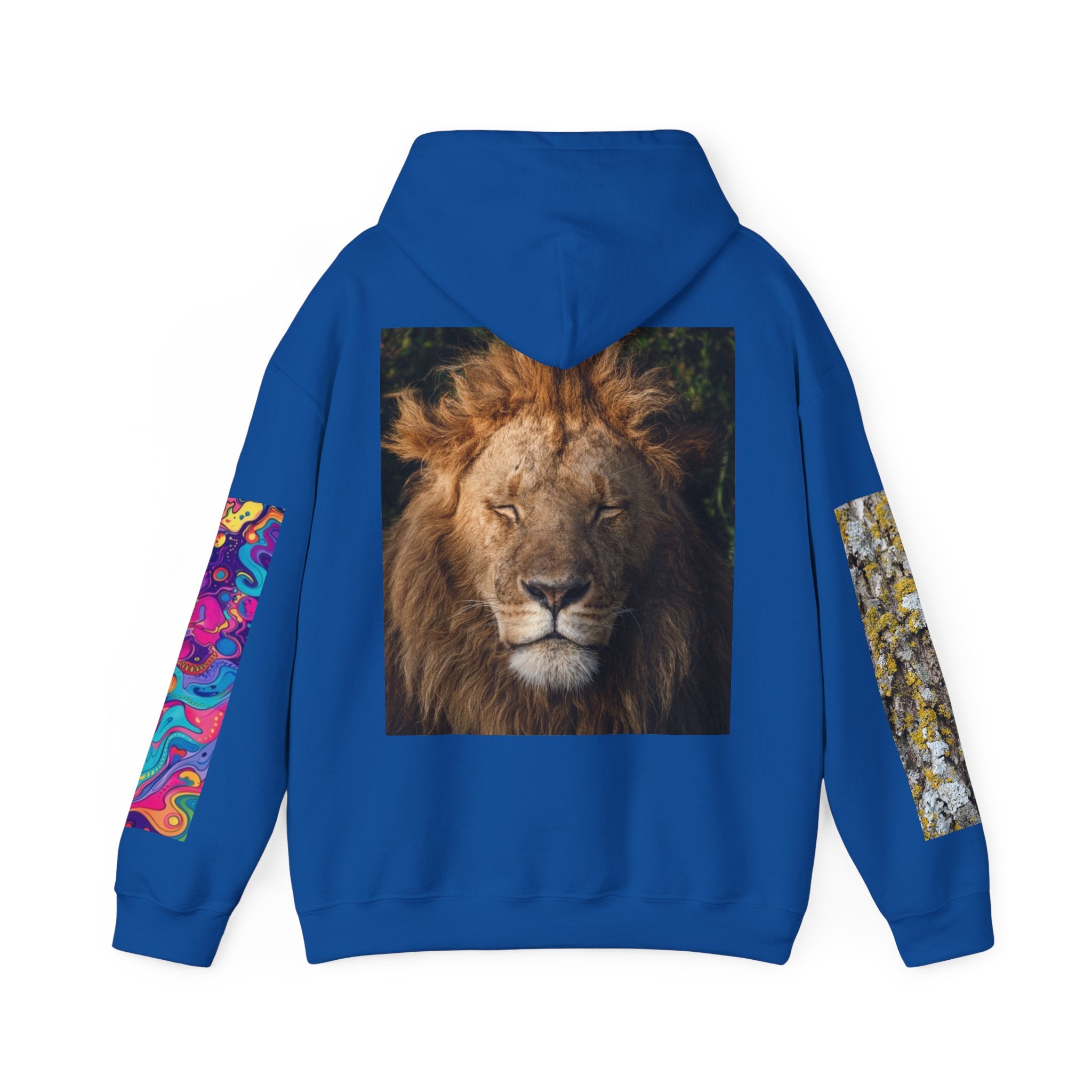 Lion Portrait Hoodie with Colorful Sleeve Accent — Majestic Wildlife Pullover