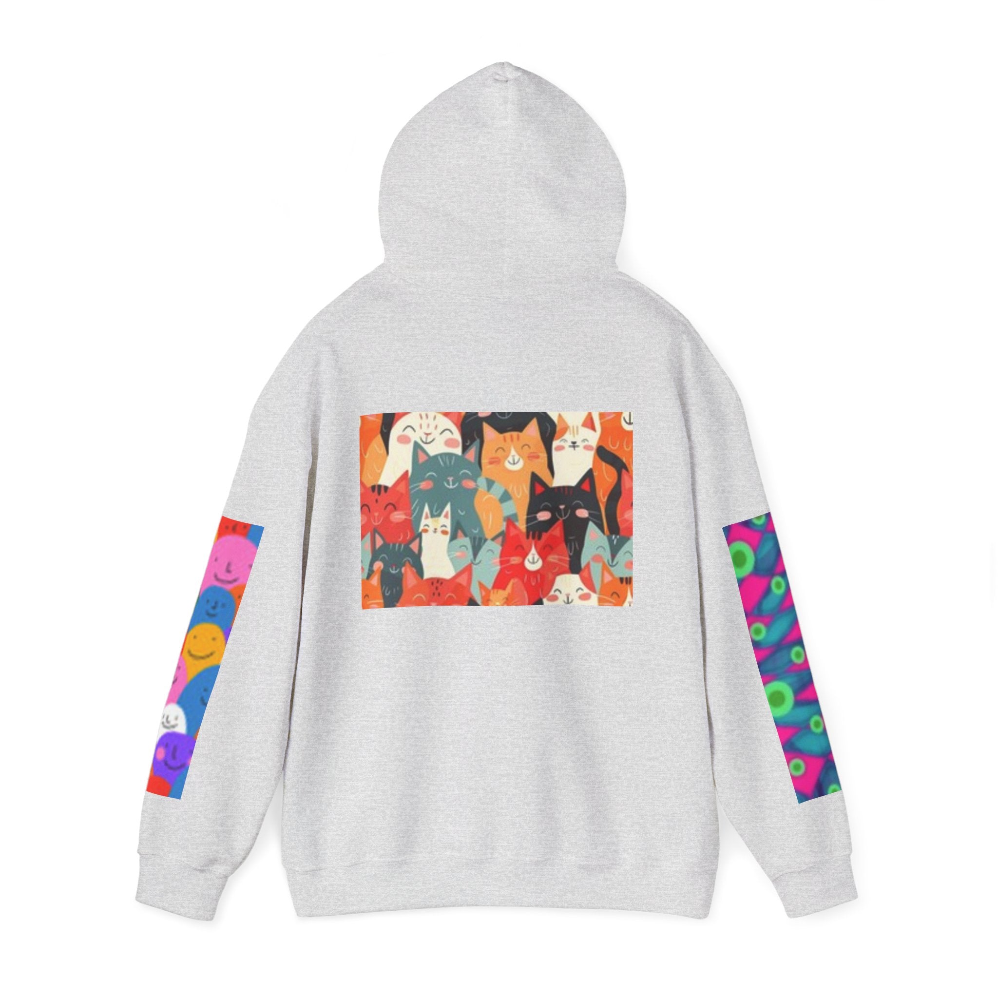 Cat Graphic Hoodie - Retro Sunglasses Cat Front & Colorful Cat Pattern Back Sweatshirt