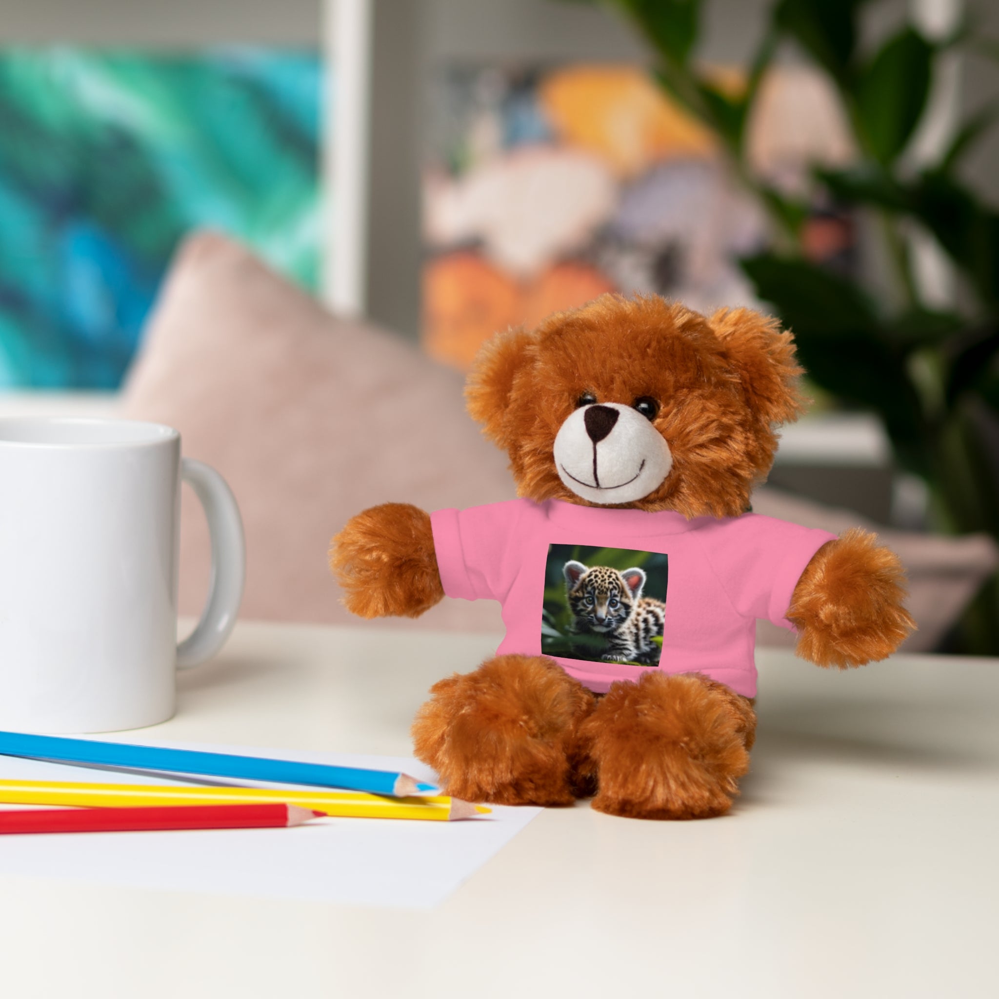 Plush Teddy Bear with Leopard Cub Tee — Cute Animal Gift for Kids & Wildlife Lovers