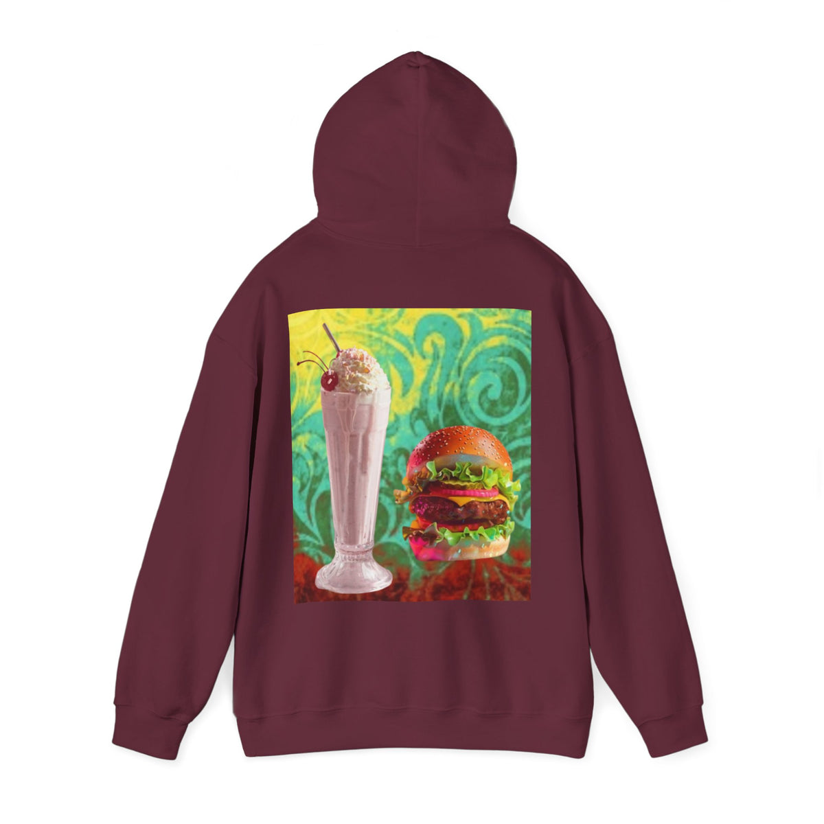Burger & Strawberry Milkshake Hoodie — Retro Diner Food Graphic Hoodie