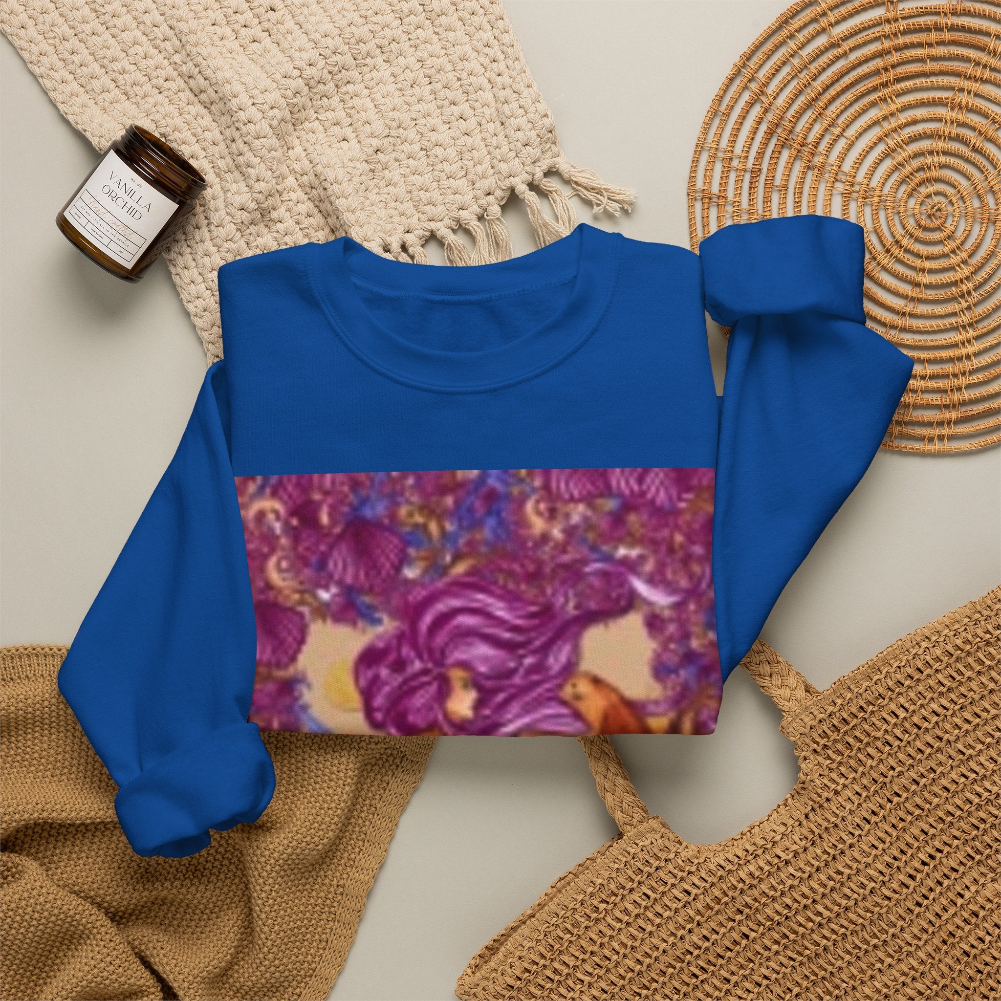Mermaid & Fox Art Crewneck Sweatshirt — Whimsical Purple Mermaid Illustration