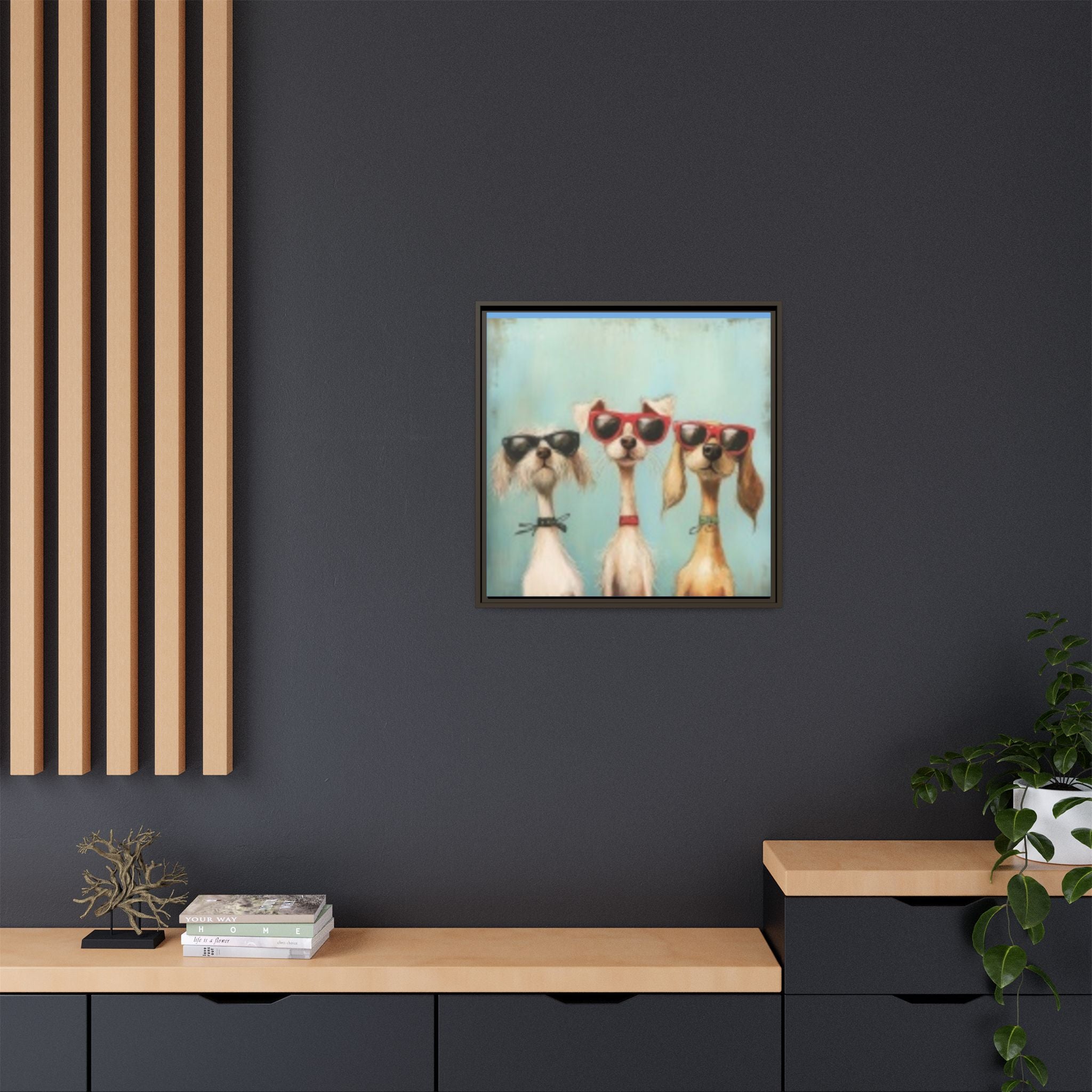 Framed Matte Canvas — Three Cool Dogs in Sunglasses Wall Art
