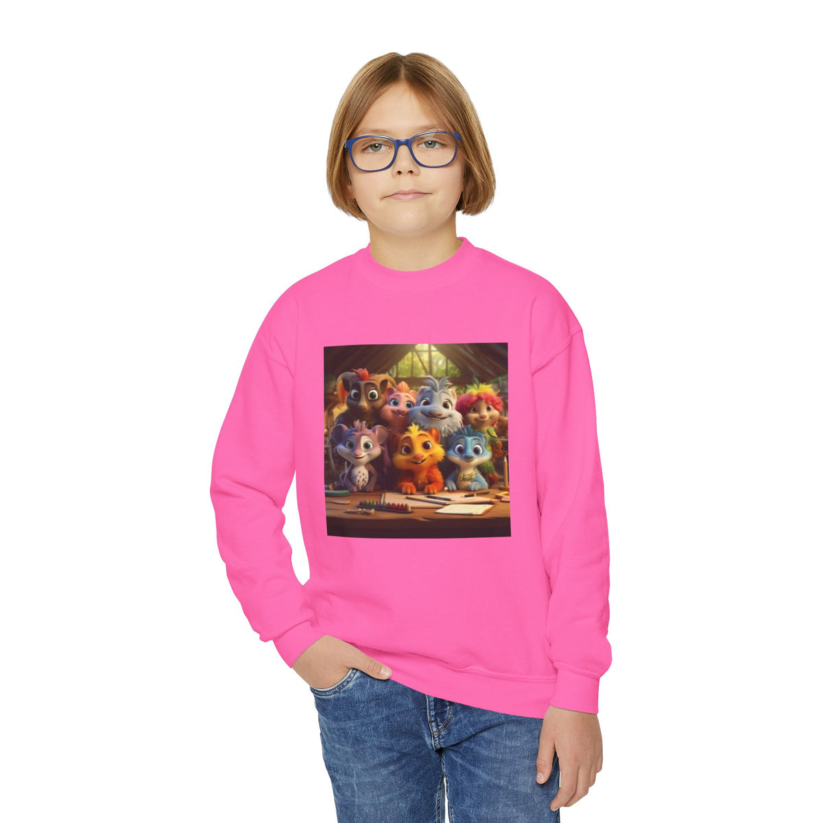 Youth Crewneck Sweatshirt — Colorful Cartoon Kittens Group Graphic