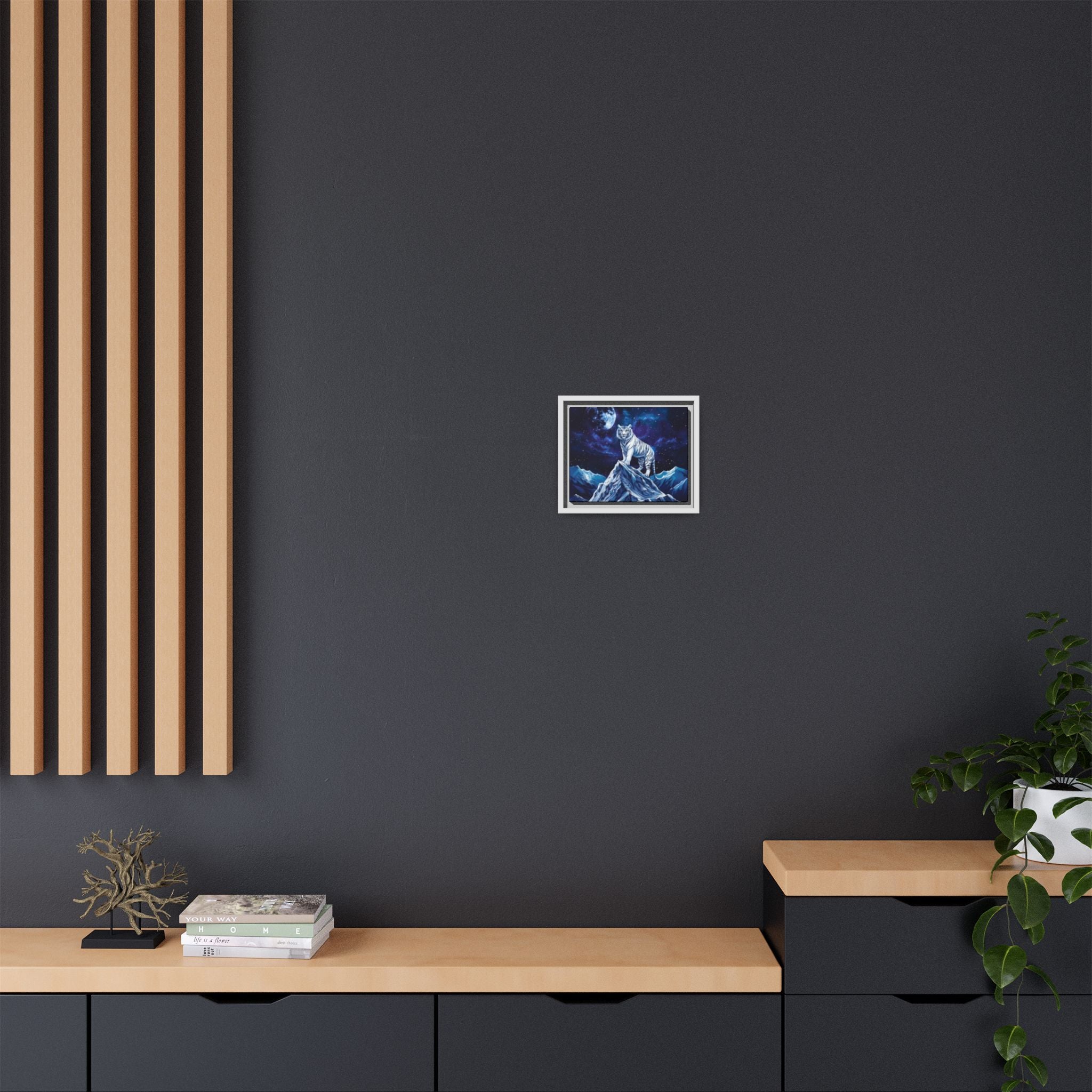 Framed Matte Canvas - White Tiger on Moonlit Mountain