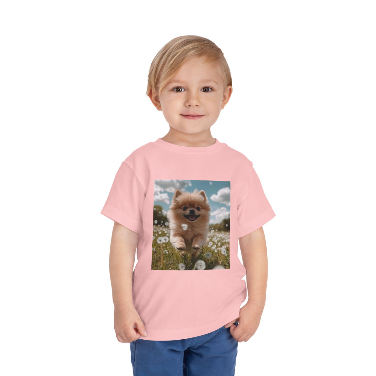 Toddler Tee — Happy Pomeranian Puppy in Dandelion Field