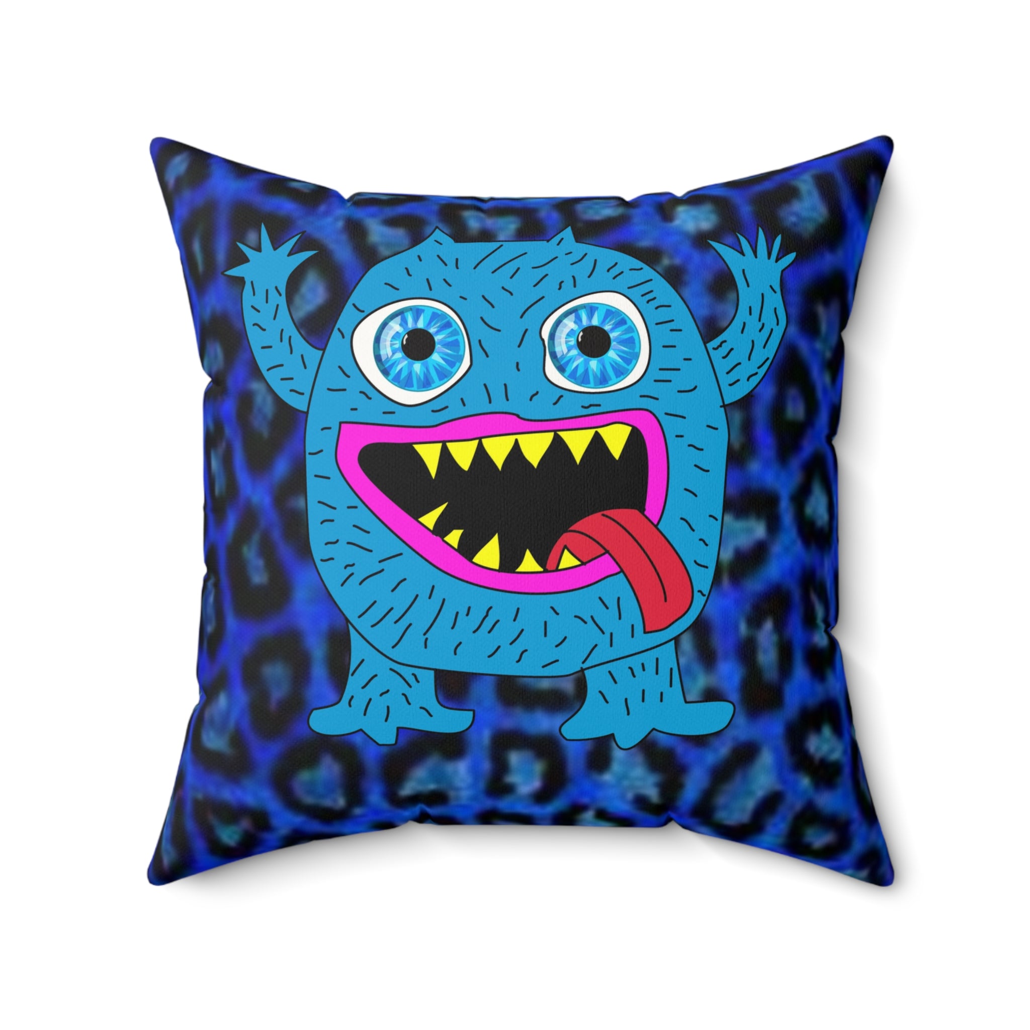 Blue Cartoon Monster Throw Pillow — Cute Fuzzy Monster Decorative Pillow