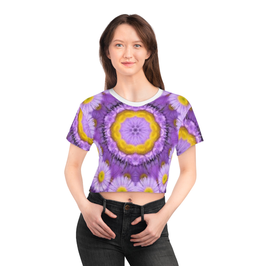 Floral Kaleidoscope Crop T-shirt — Purple Daisy Mandala All-Over Print