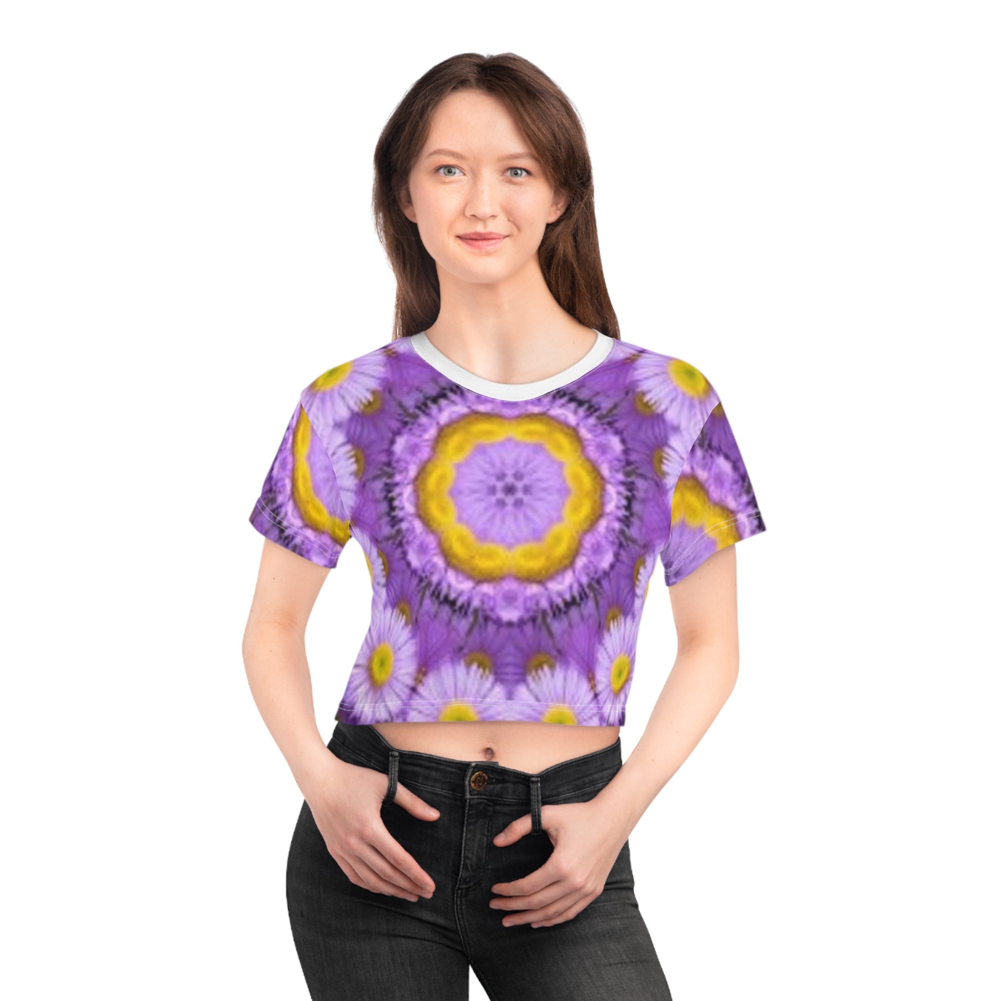 Floral Kaleidoscope Crop T-shirt — Purple Daisy Mandala All-Over Print