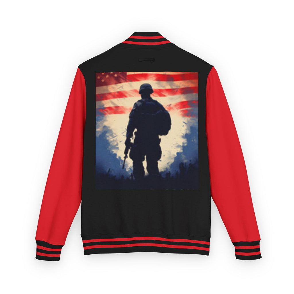 Veteran Tribute Letterman Jacket - American Flag Soldier Graphic