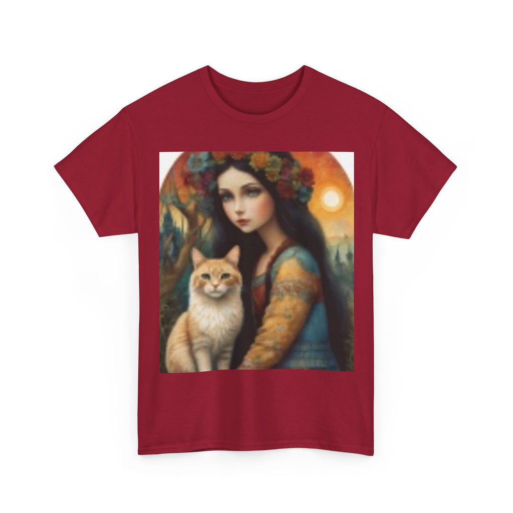 Vintage Portrait Tee — Woman with Cat Art Print