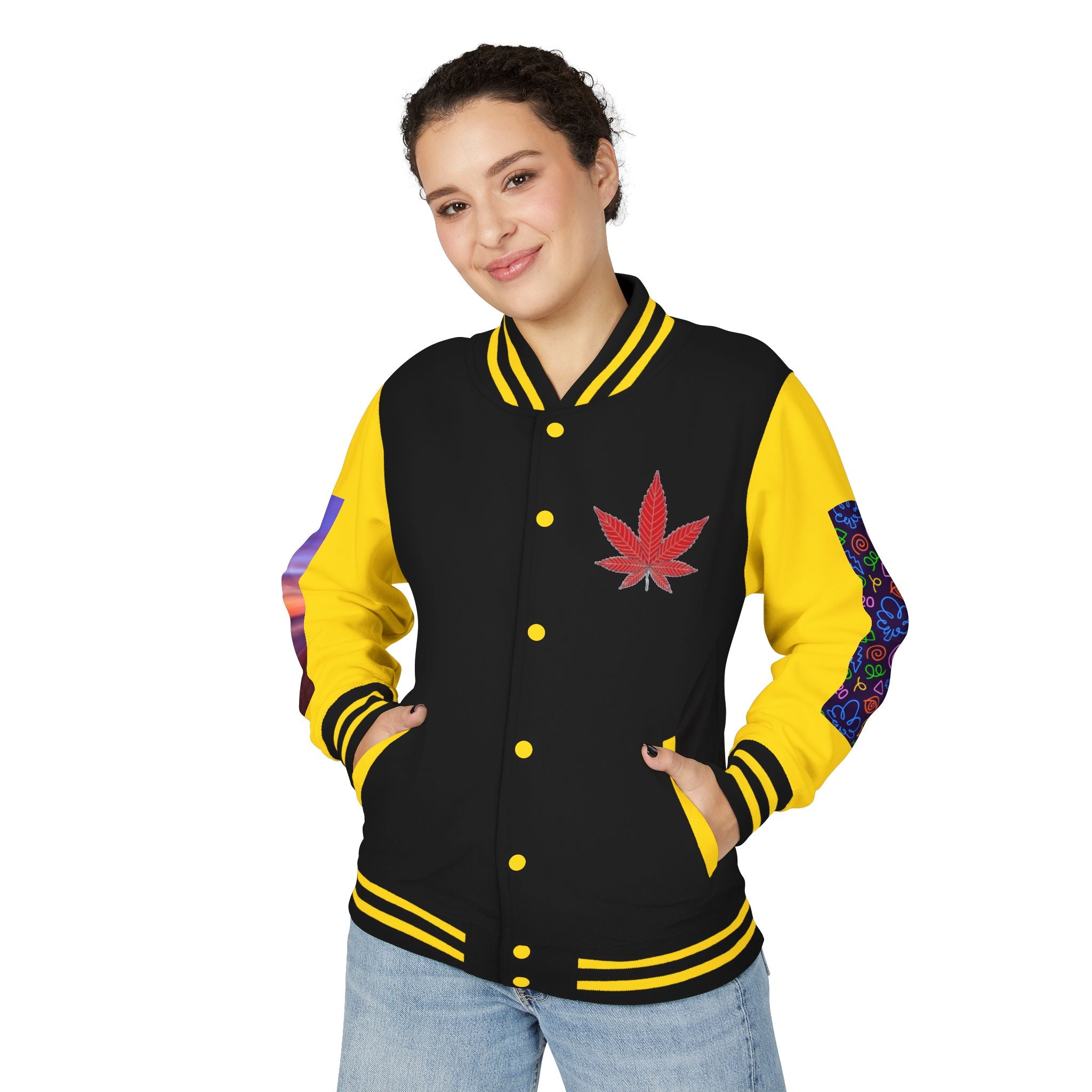 Letterman Jacket — Retro 'All You Need Is Love' Hippie Van & Cannabis Leaf Design