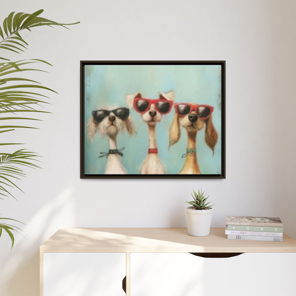 Framed Matte Canvas — Three Cool Dogs in Sunglasses Wall Art
