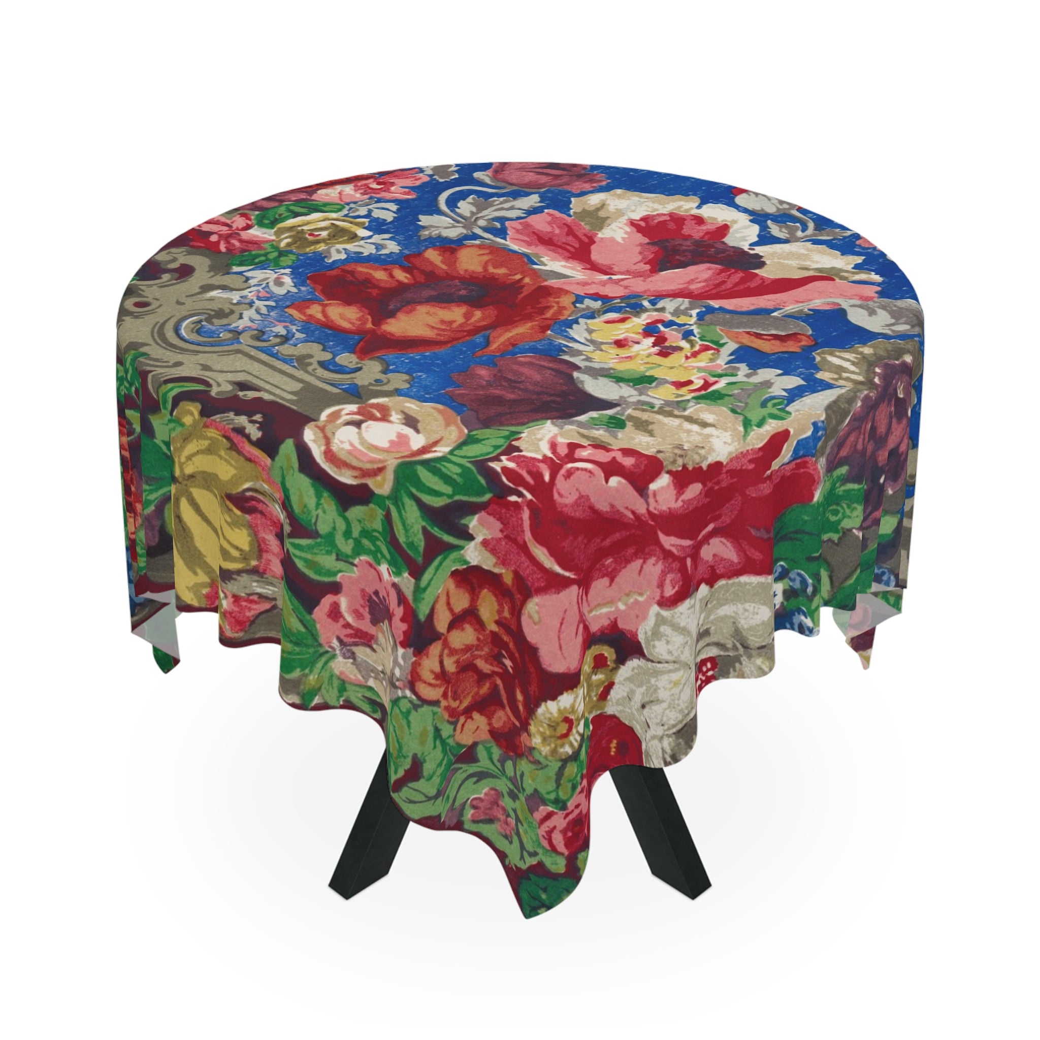 Floral Vintage Tablecloth — Bold Blue Rose Pattern for Dining & Entertaining