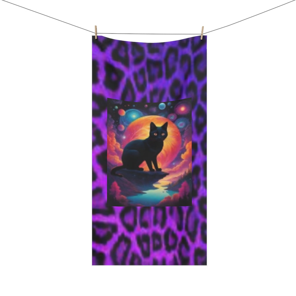 Mystic Black Cat Beach Towel — Purple Leopard Print
