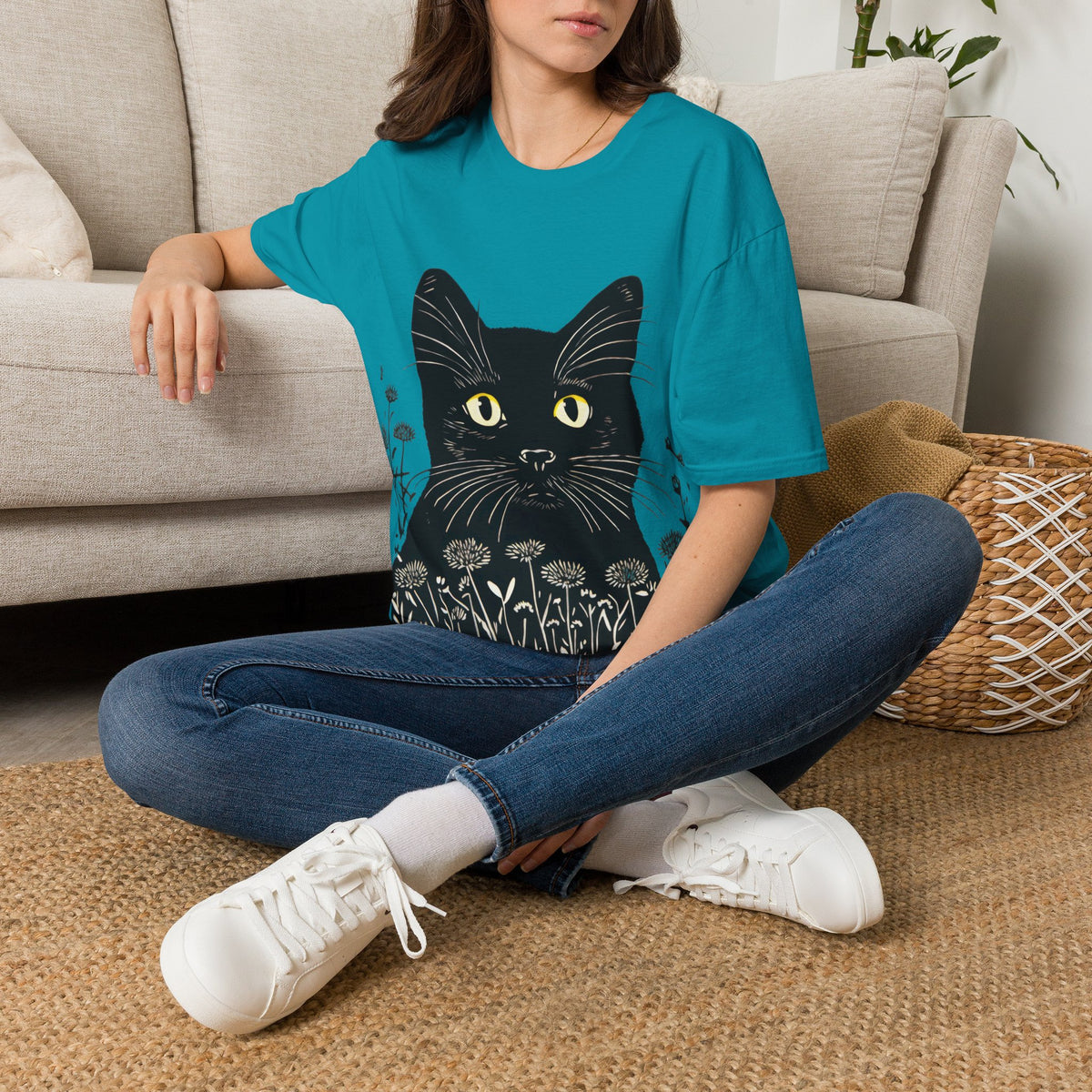 Cat in the Meadow T-Shirt — Black Cat Illustration Tee