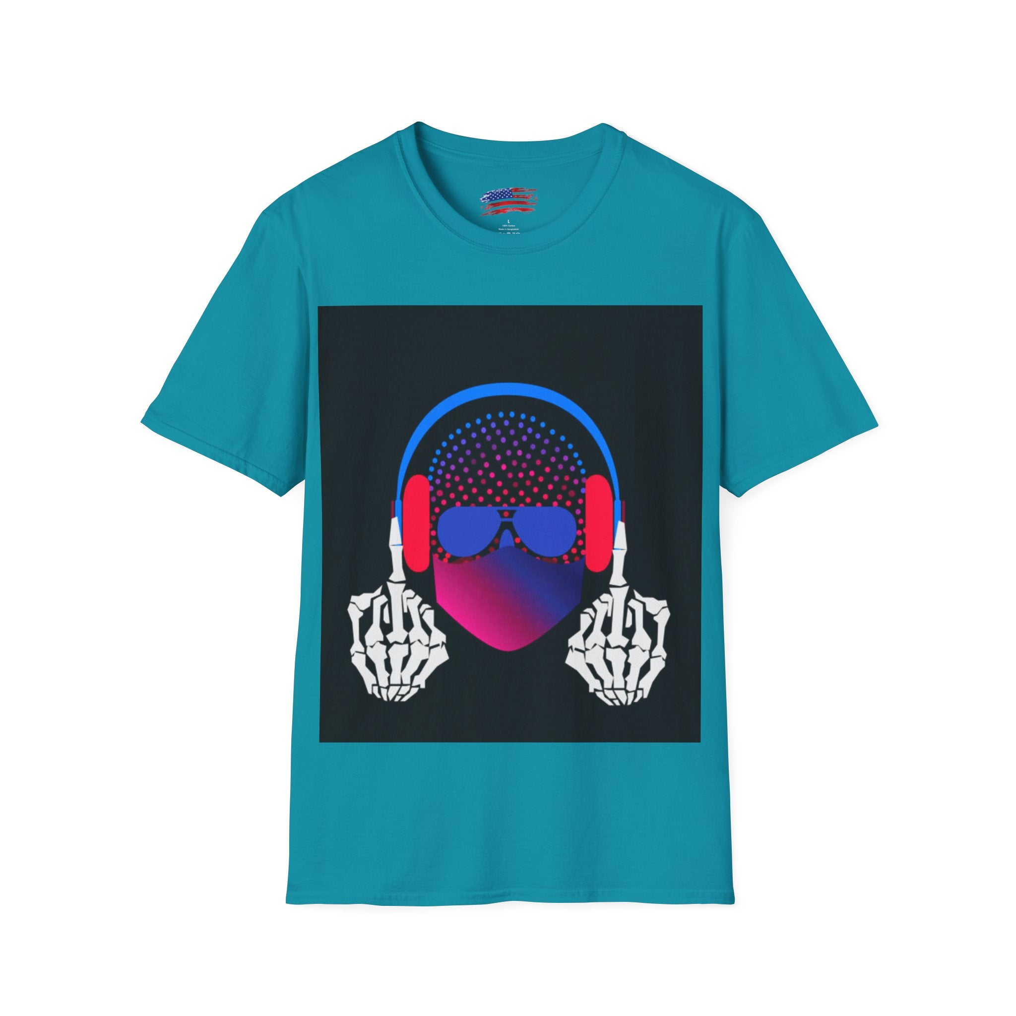 Unisex Softstyle T-Shirt Man wearing earphones skeleton shooting the bird