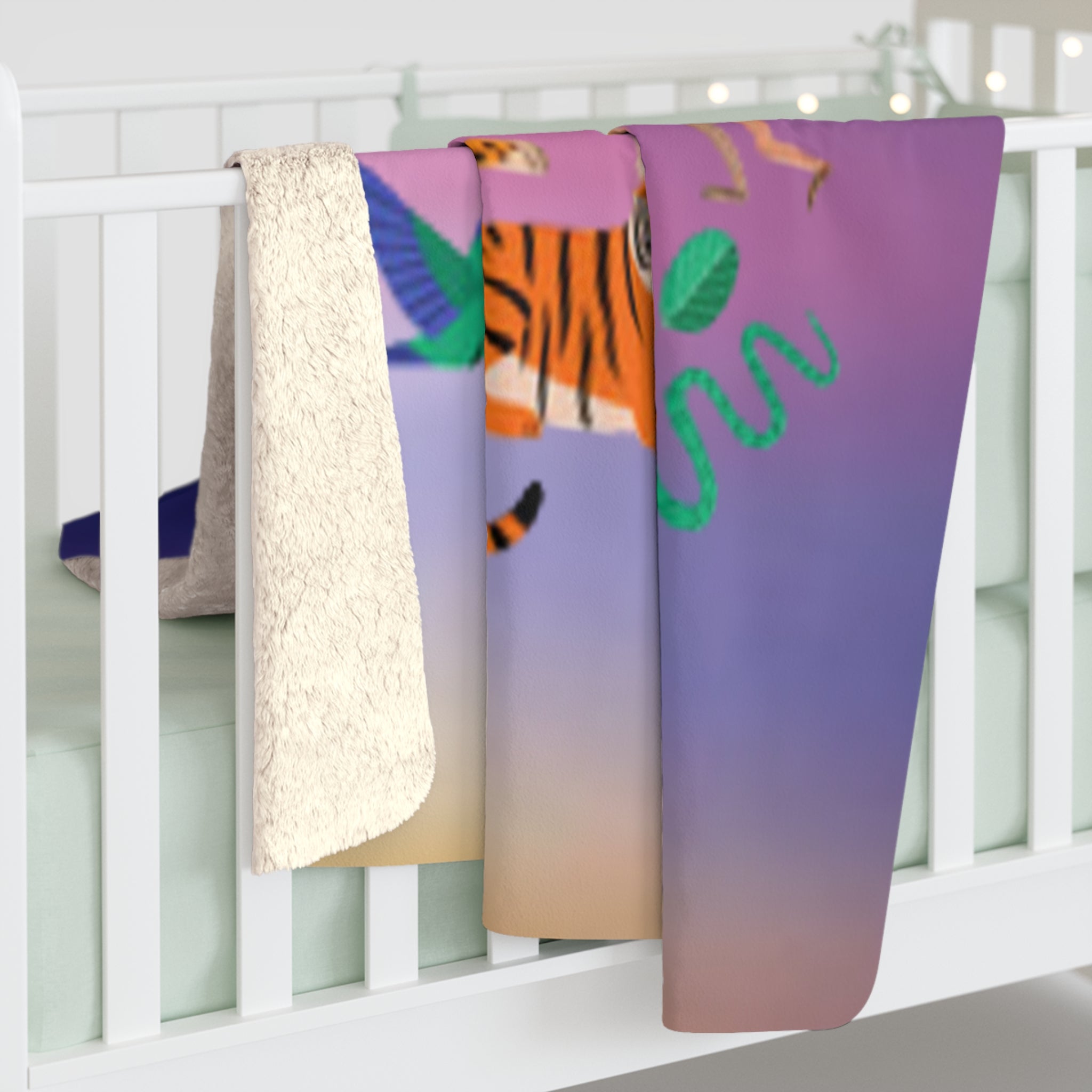 Tropical Jungle Sherpa Blanket — Colorful Exotic Animals on Gradient Background