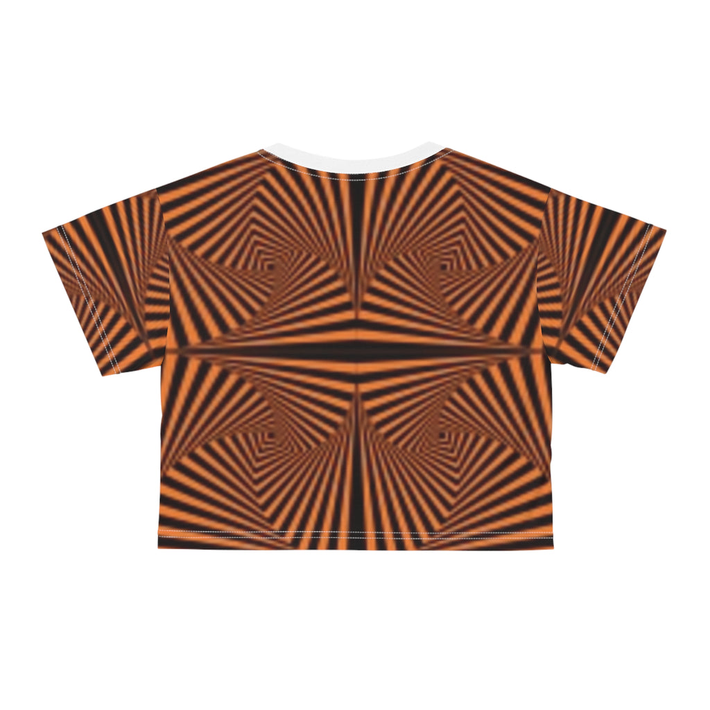 Optical Illusion Orange Geo Crop Tee — Retro Psychedelic Patterned Women's Top