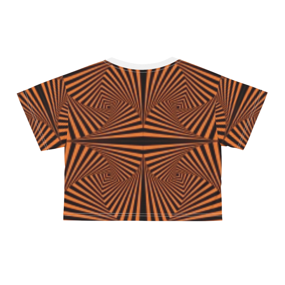 Optical Illusion Orange Geo Crop Tee — Retro Psychedelic Patterned Women's Top