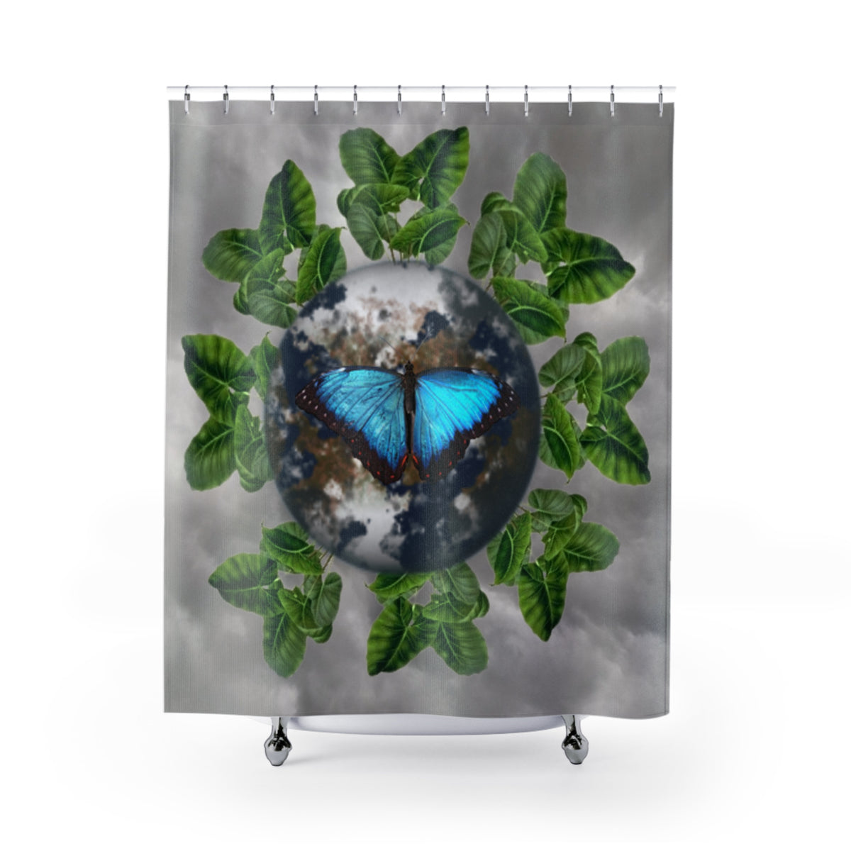 Nature Earth Shower Curtain & Earth Facts — Blue Butterfly & Green Leaves Bathroom Decor