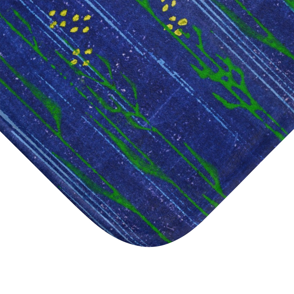 Blue Floral Bath Mat — Deep Sea Indigo Patterned Bathroom Rug