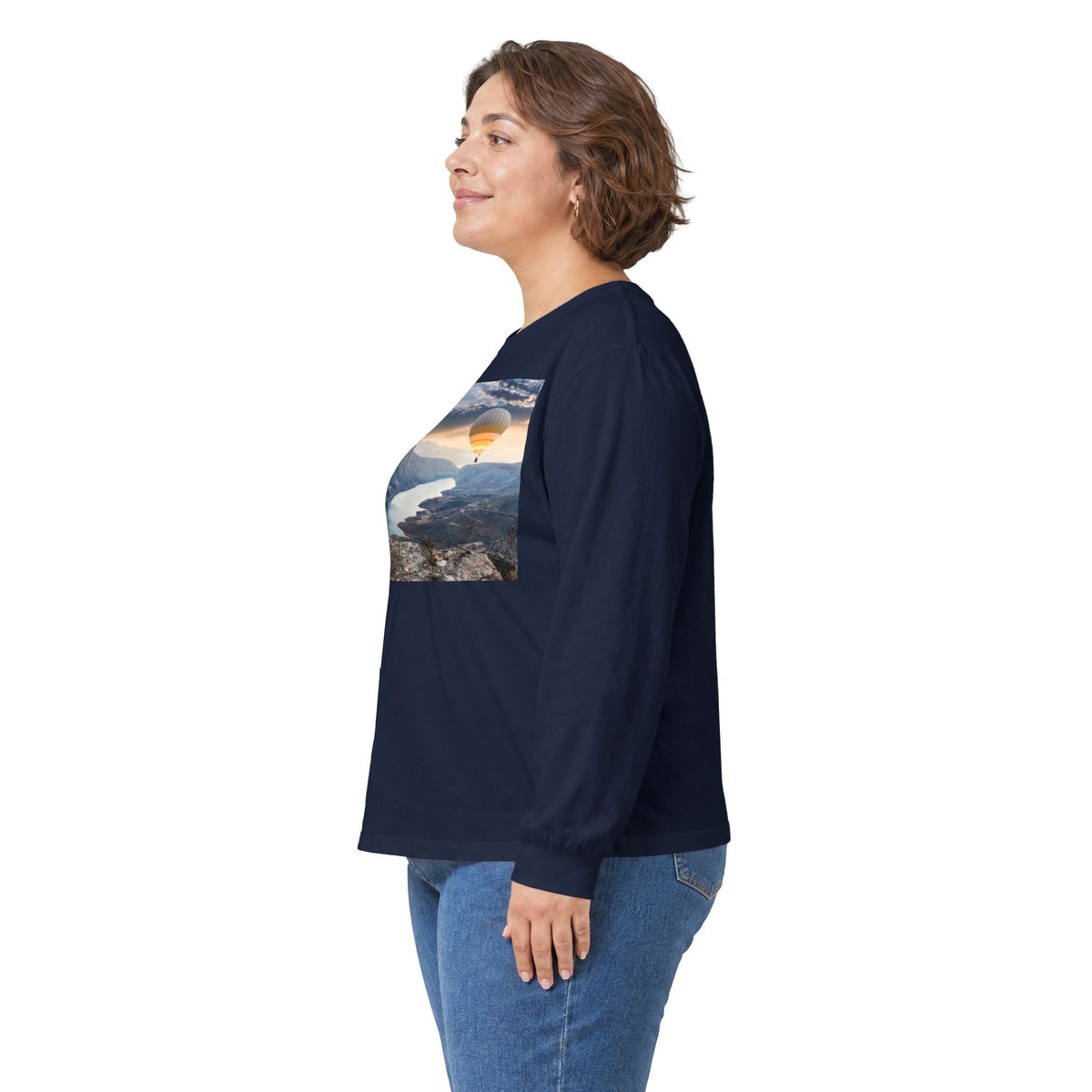 Hot Air Balloon Over Fjord Long Sleeve Tee — Scenic Travel Photography Shirt