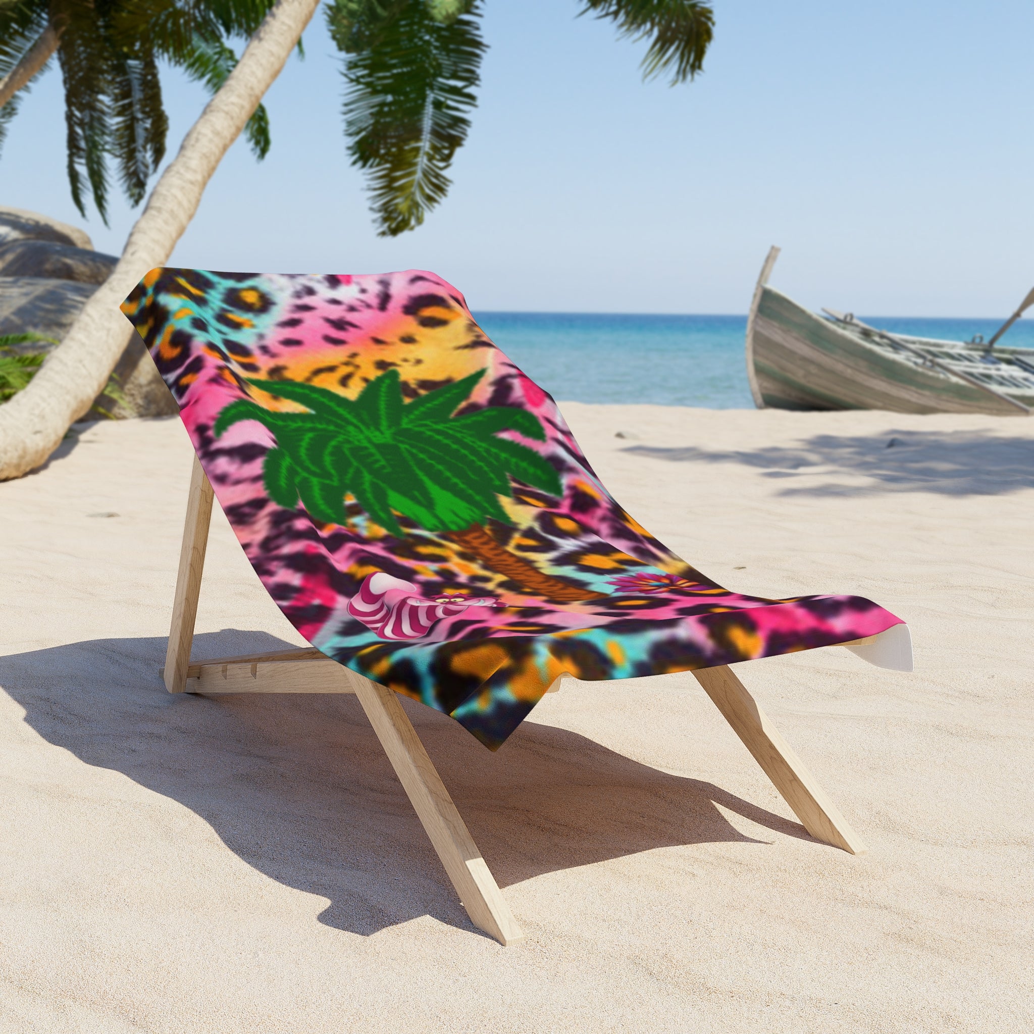 Tropical Chesrtire Cat Flower Leopard Beach Towel — Bright Palm & Hibiscus Print