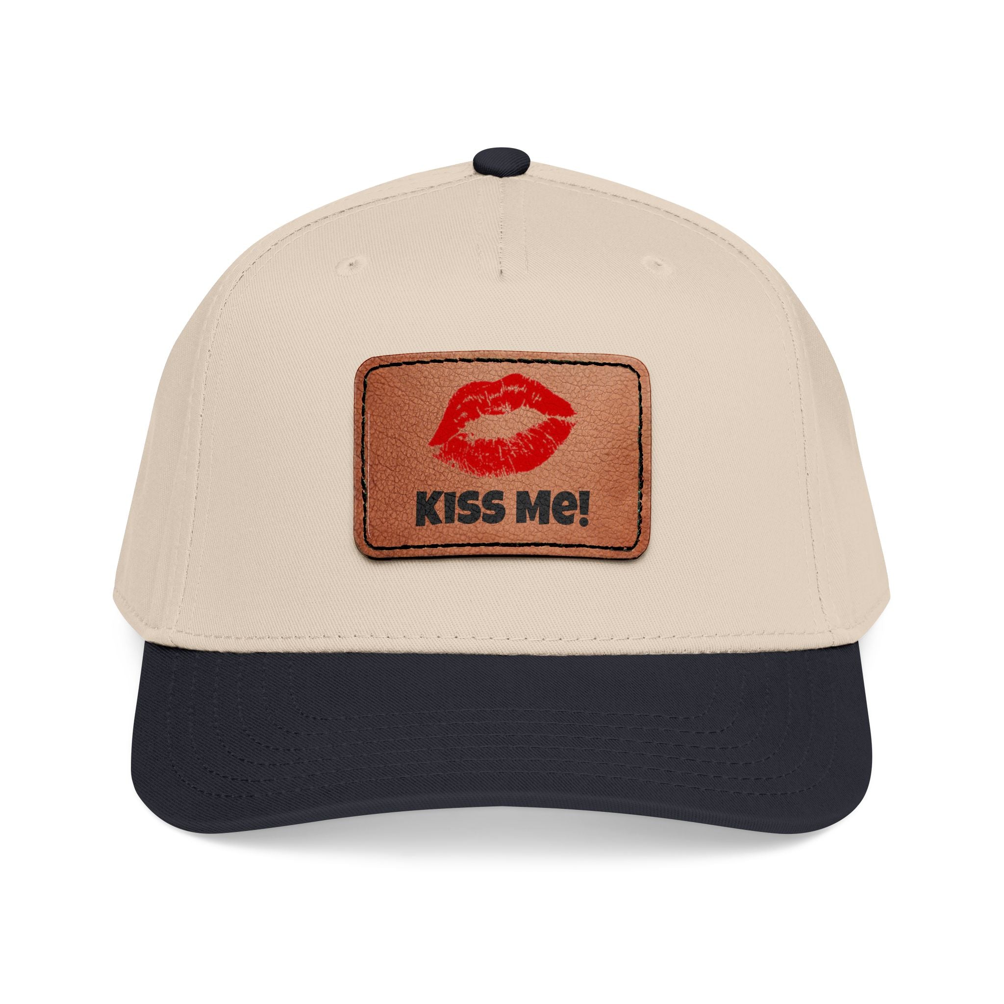 Beige and black cap with a 'Kiss Me!' patch on a white background