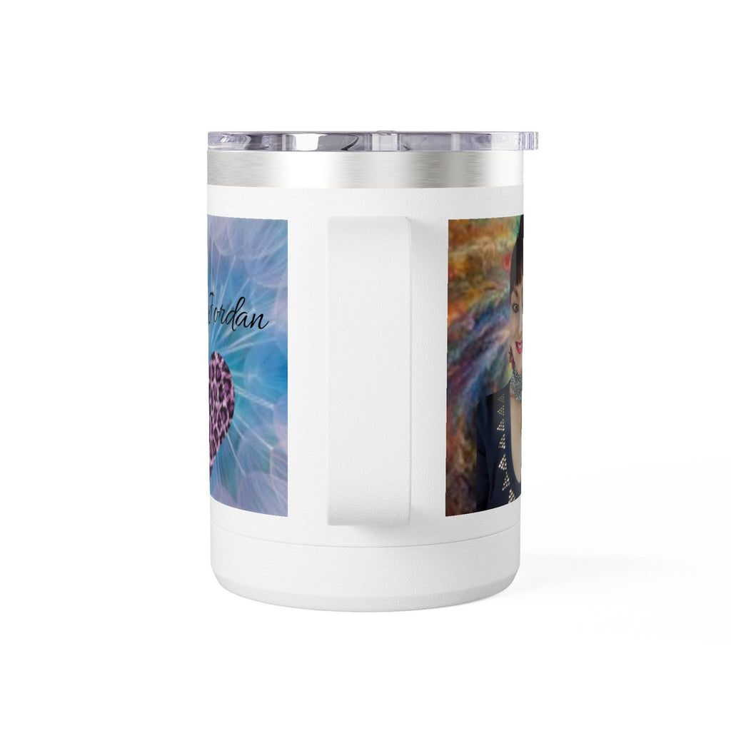 Mary Jordan Custom 15oz Travel Mug Tumbler — Personalized 'Enter text' Blue Floral Design & Heart