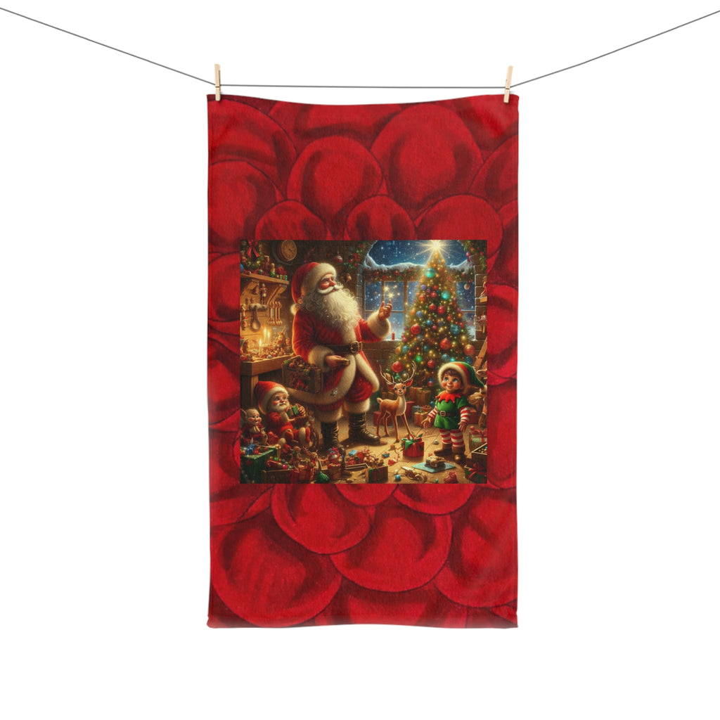 Christmas Santa Hand Towel — Festive Holiday Kitchen Towel with Santa & Tree